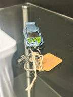 Silver Race Car Keychain with Cross Charm