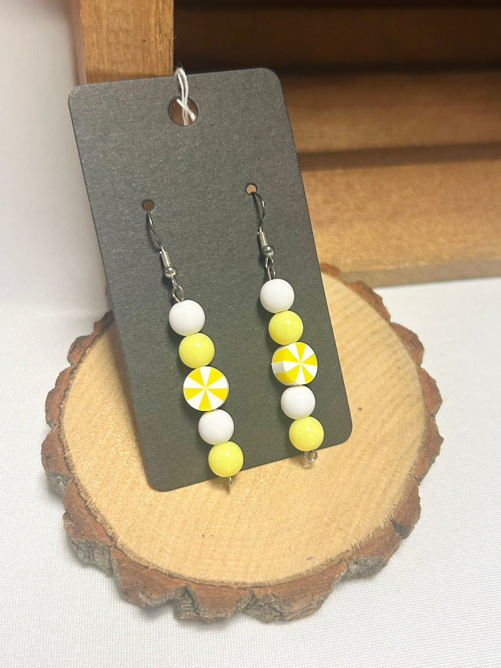 White & Yellow Beaded Dangle Earrings