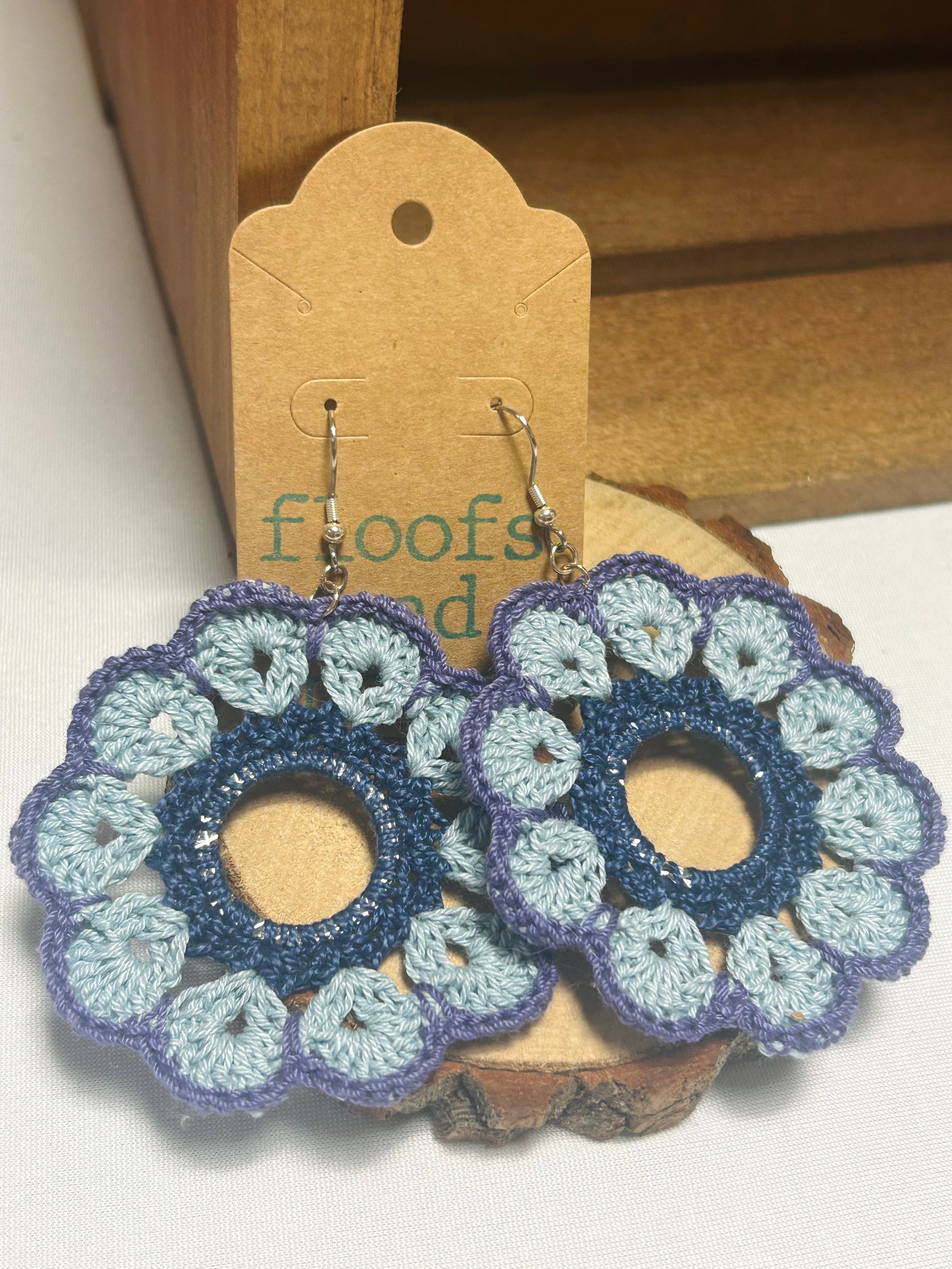 Blue & Lavender Crochet Flower Dangle Earrings