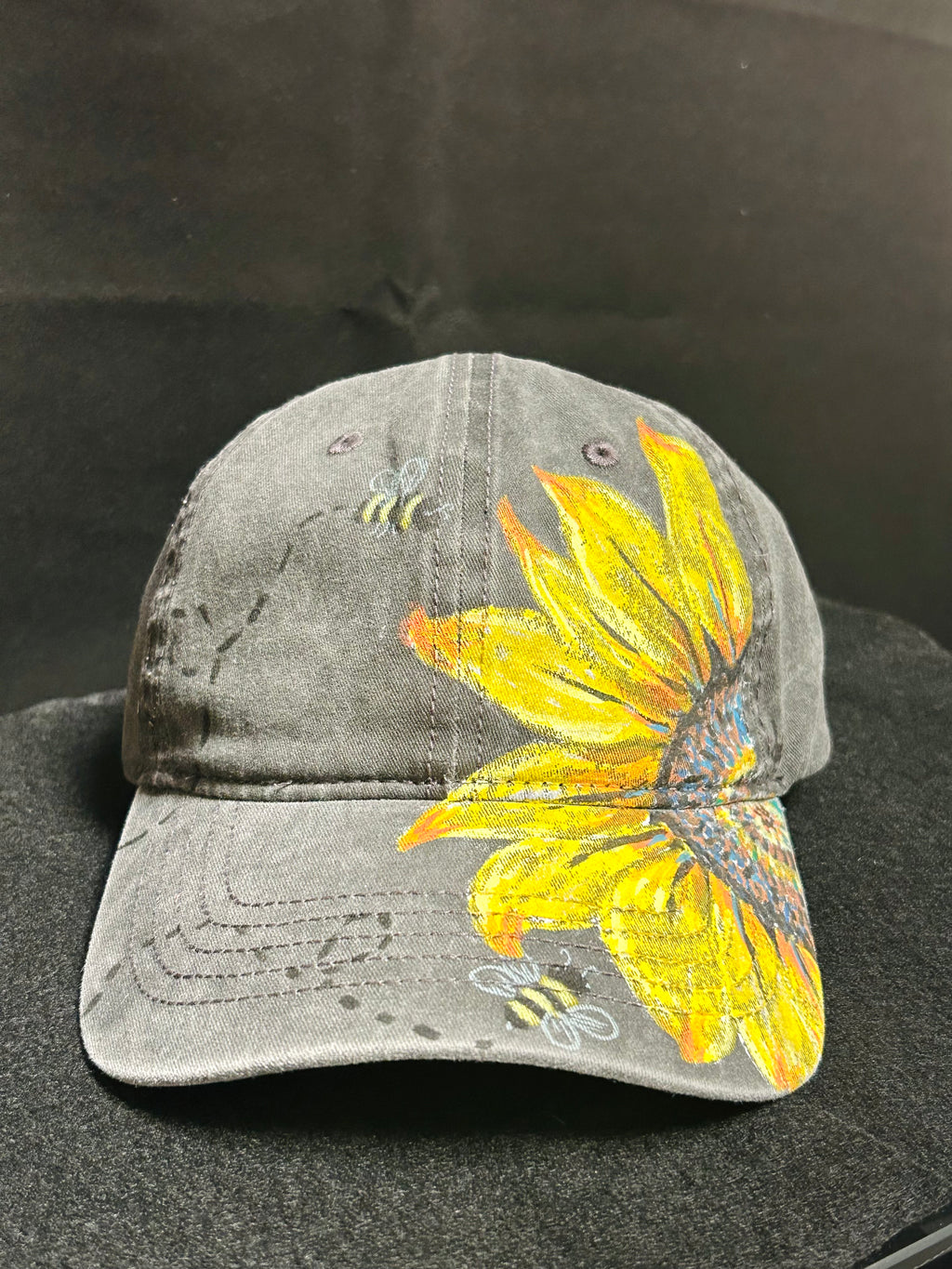 Hand Painted Sunflower Baseball Cap with Bees Gray Cotton Hat One of a Kind Floral Art
