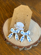 Blue & White Floral Bow Dangle Earrings with Gold-Tone Accents