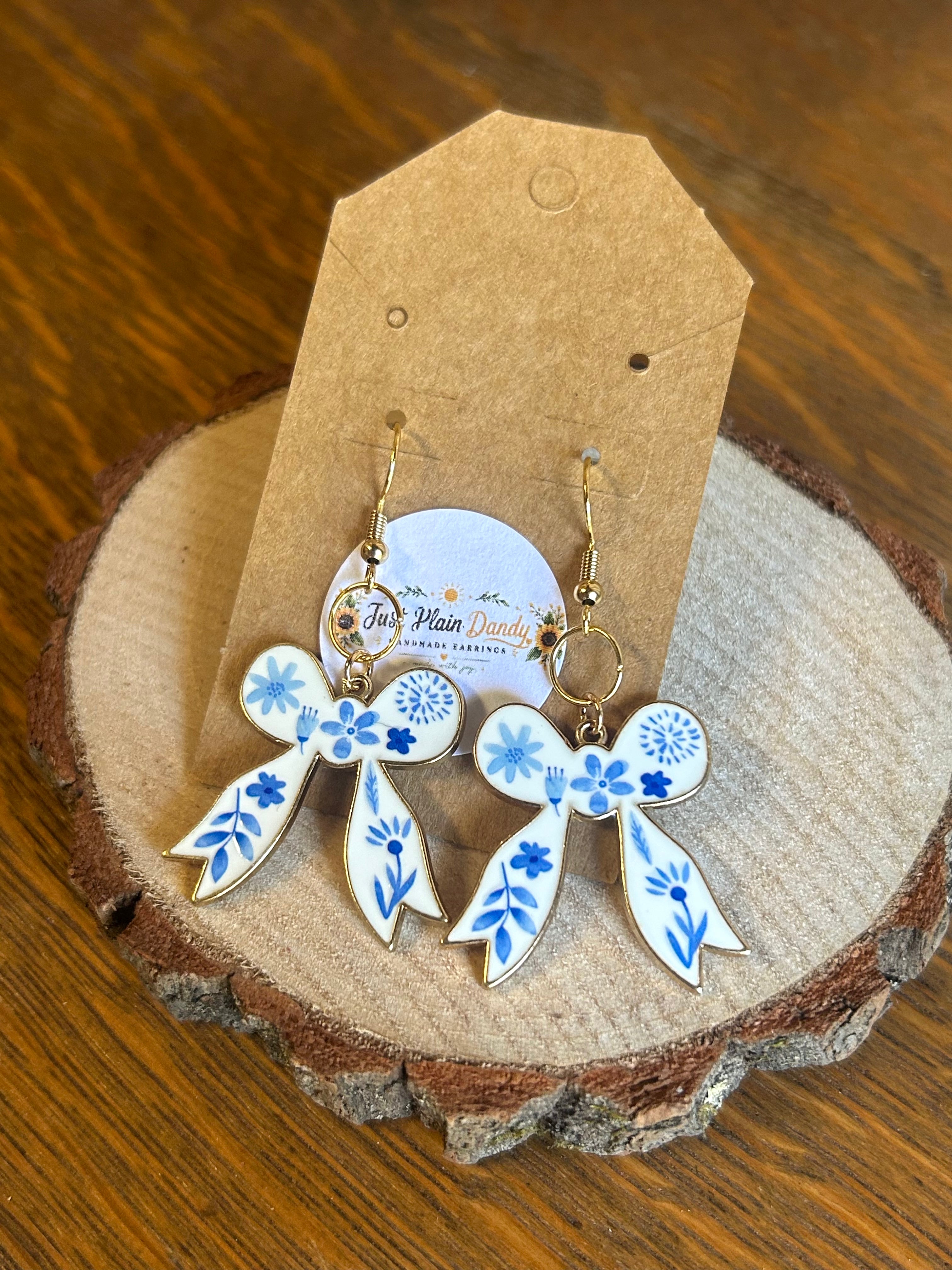 Blue & White Floral Bow Dangle Earrings with Gold-Tone Accents