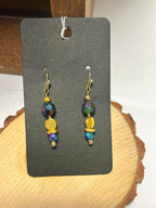 Blue & Gold Beaded Dangle Earrings with Iridescent Crystal Accents