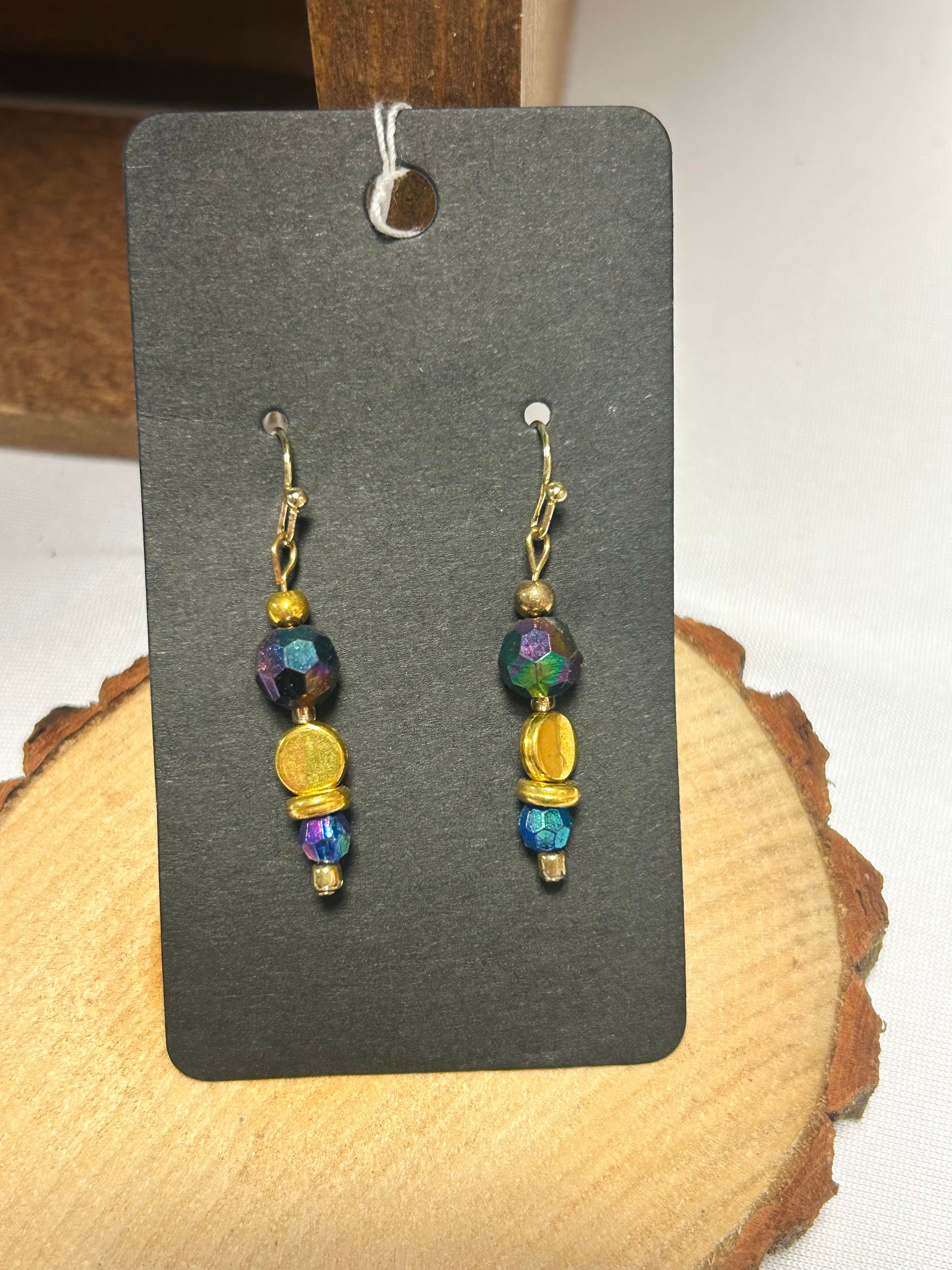Blue & Gold Beaded Dangle Earrings with Iridescent Crystal Accents