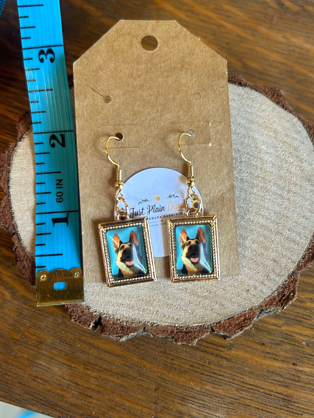 German Shepherd Portrait Dangle Earrings Gold Tone Dog Lover Jewelry