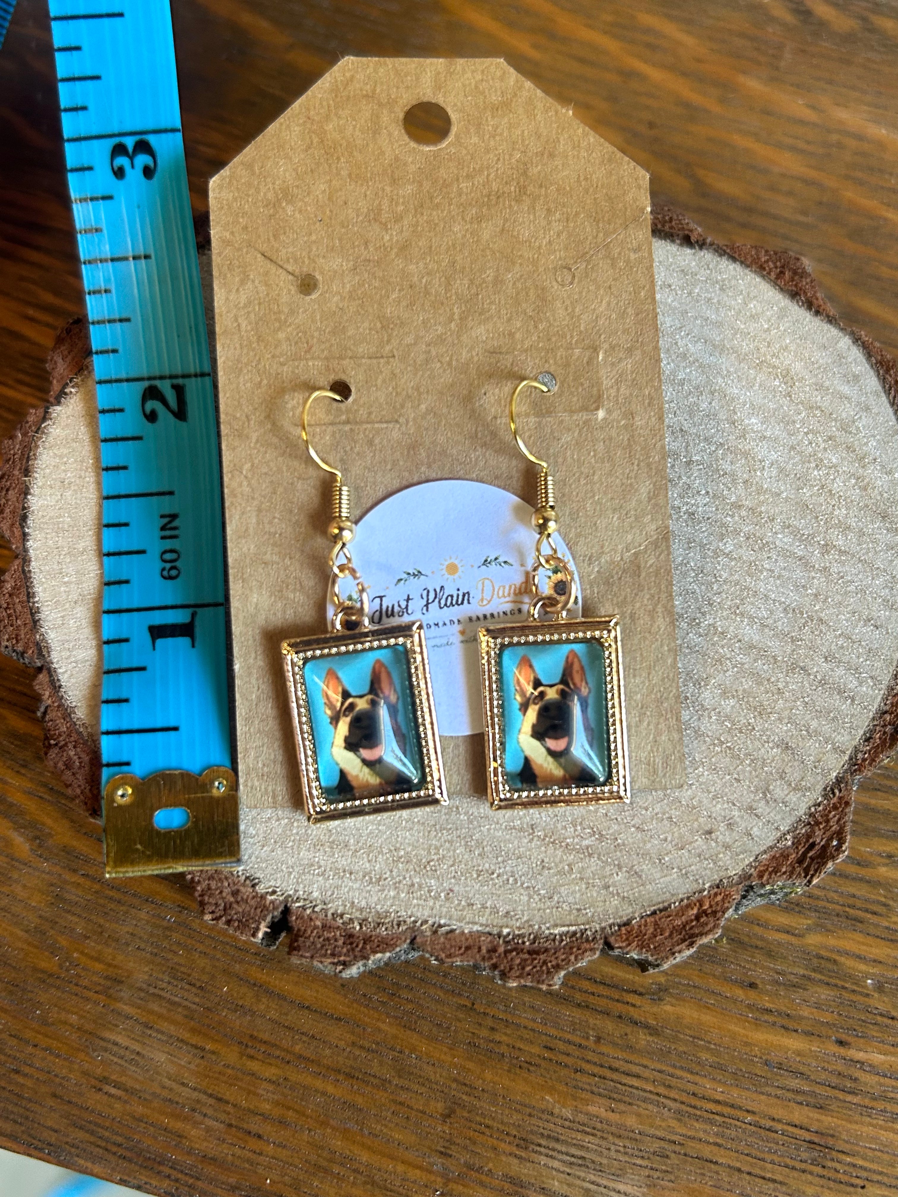 German Shepherd Portrait Dangle Earrings Gold Tone Dog Lover Jewelry