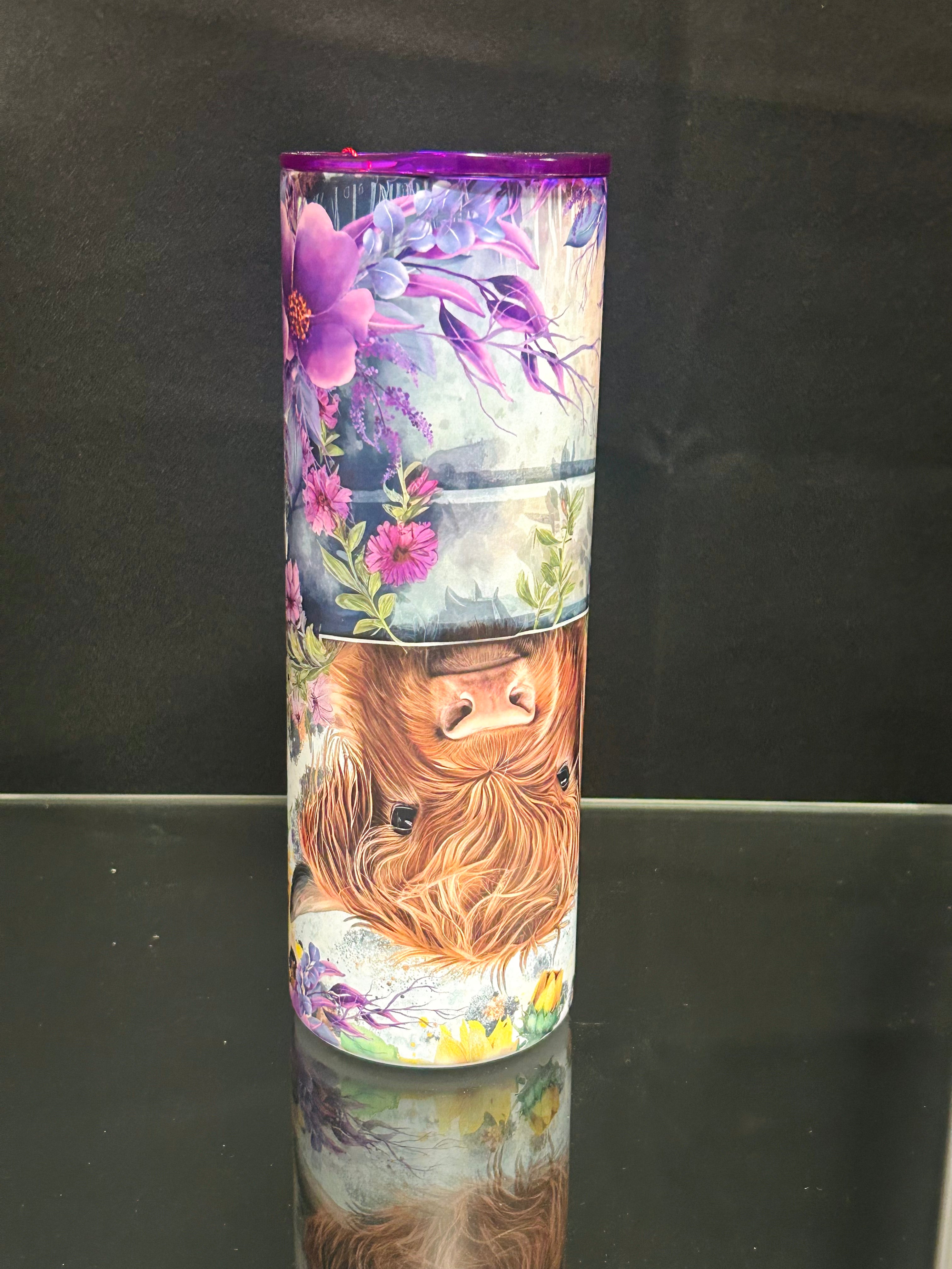 Purple Highland Cow Stainless Steel Travel Tumbler with Lid