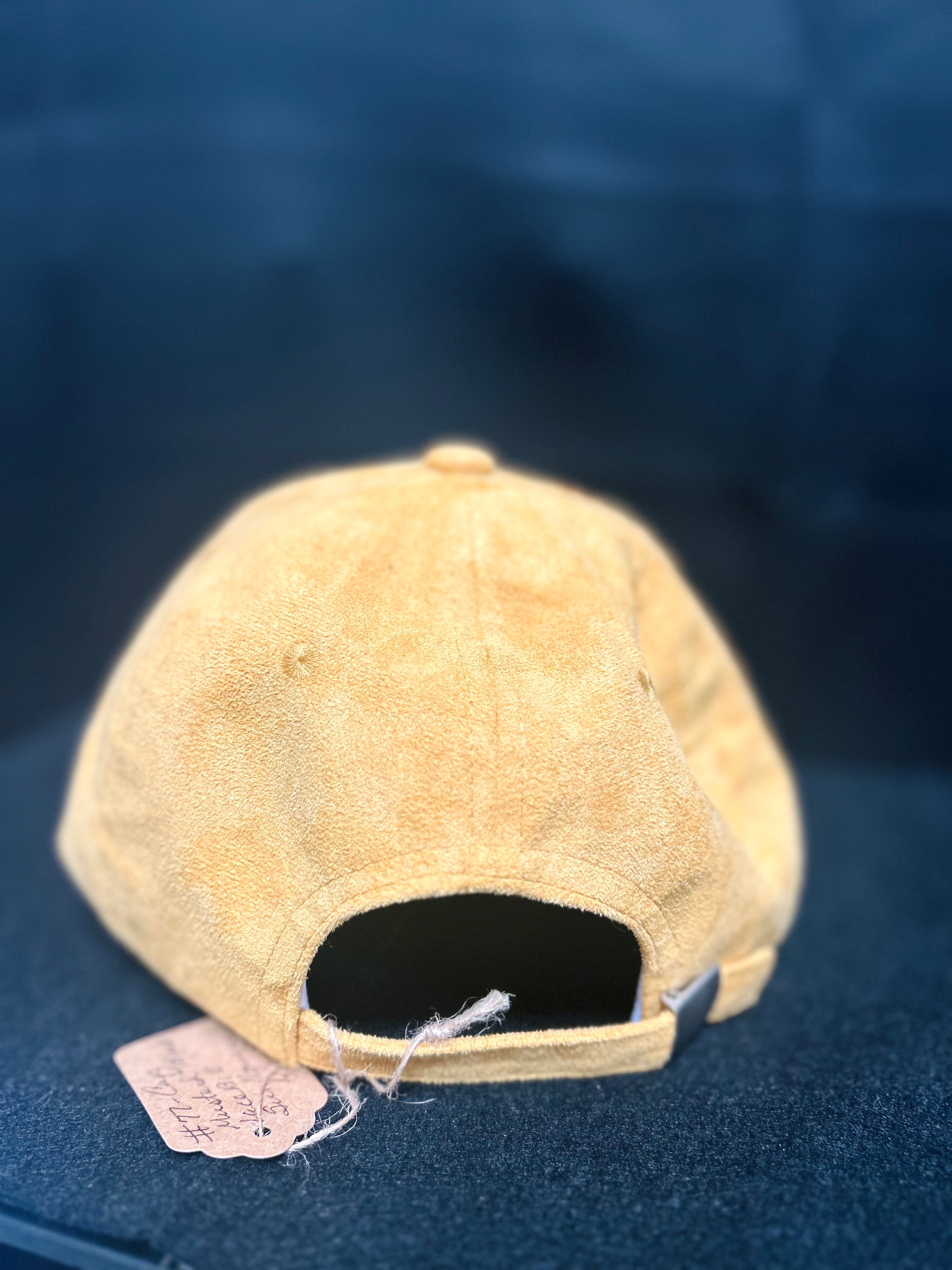Hand Burned Sunflower Faux Suede Baseball Cap Mustard Yellow Lace Brim One of a Kind Fall Hat