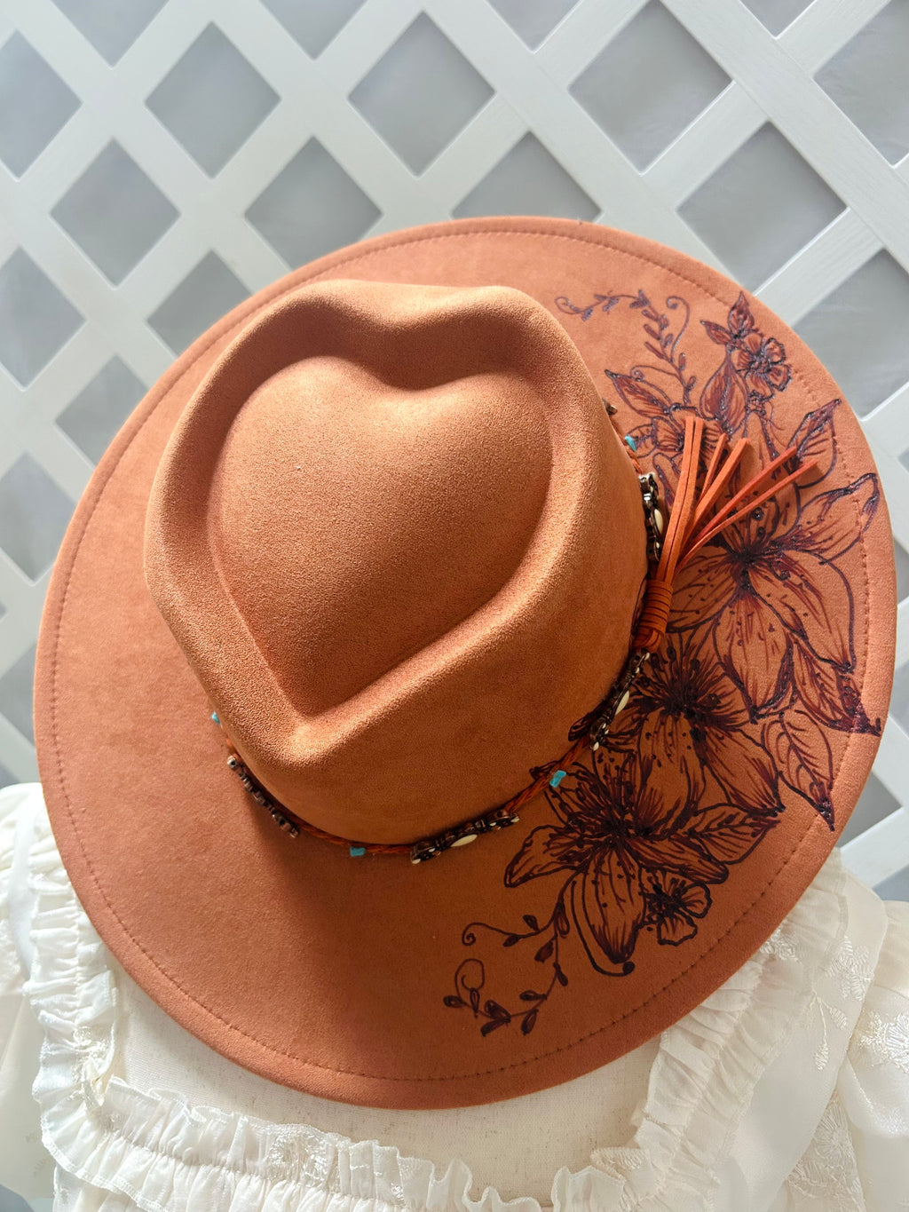 Hand-Burned Floral Western Hat with Turquoise Accent Band