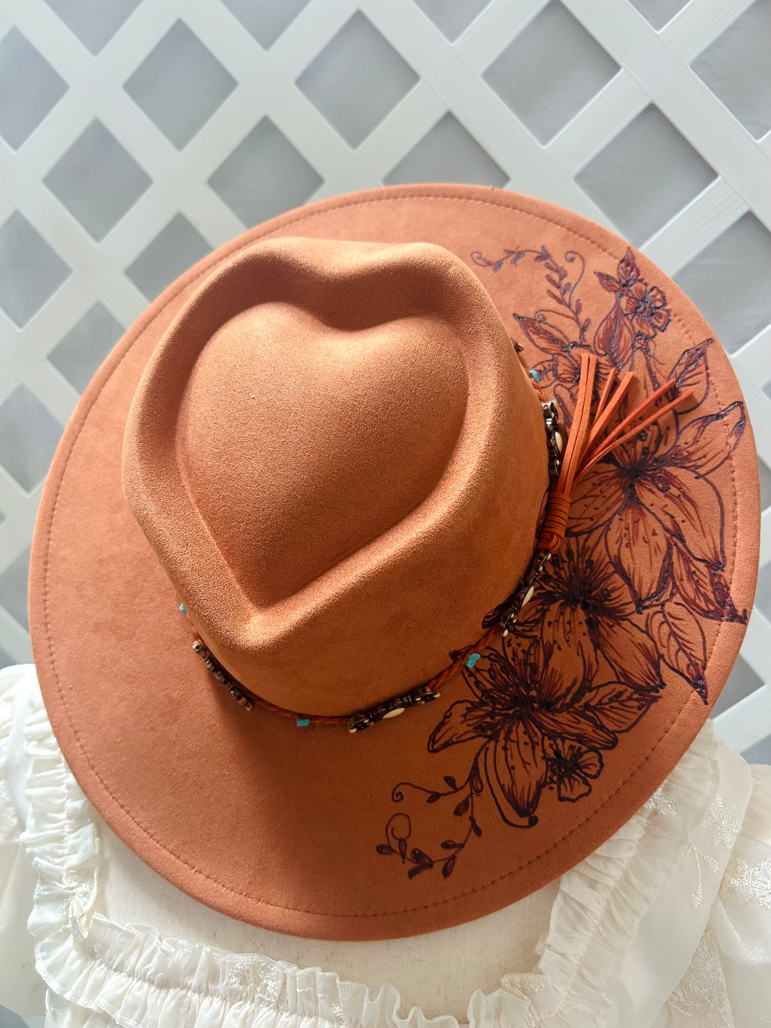 Hand-Burned Floral Western Hat with Turquoise Accent Band
