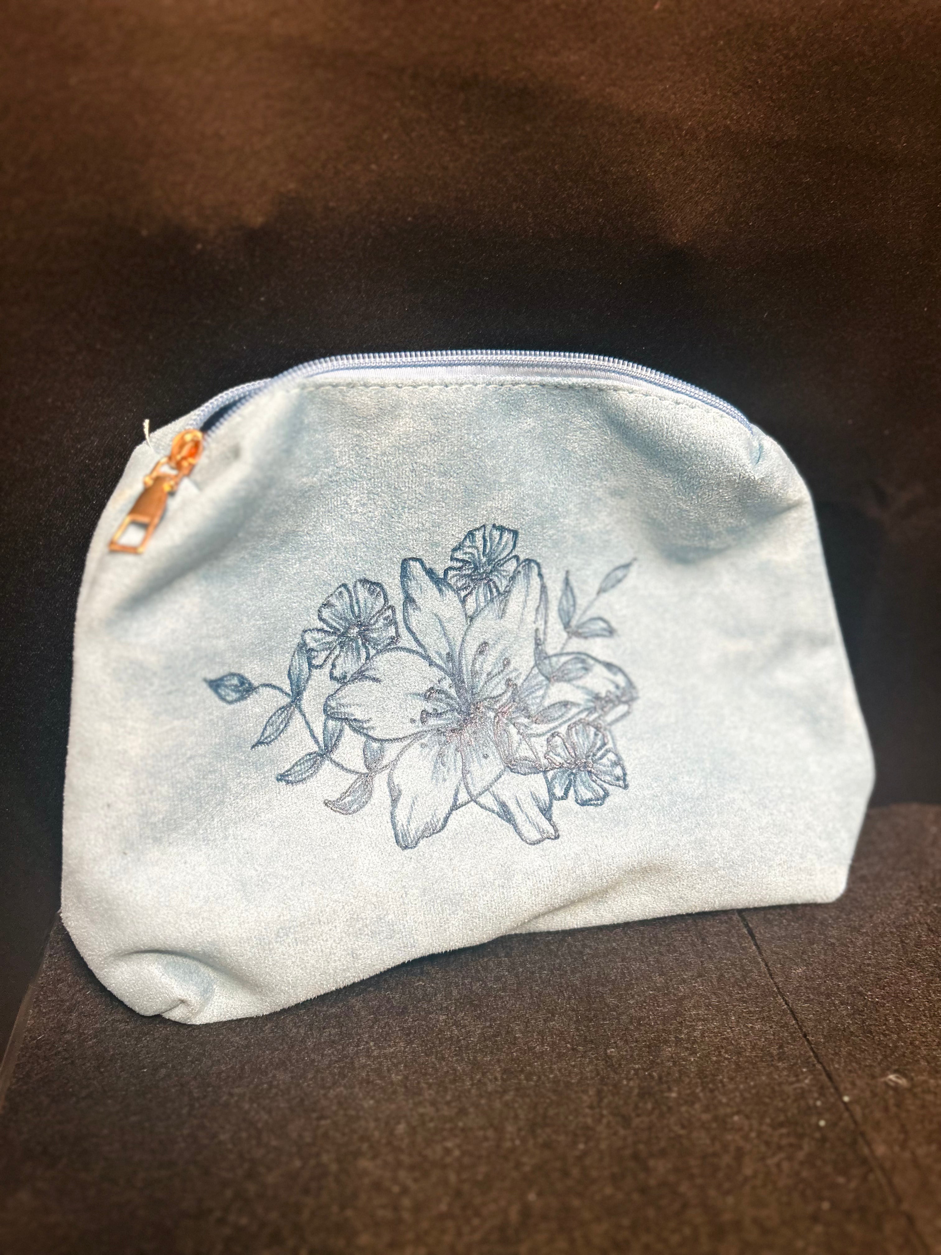 Hand-Burned Daylily Faux Suede Shoulder Bag with Matching Zipper Clutch