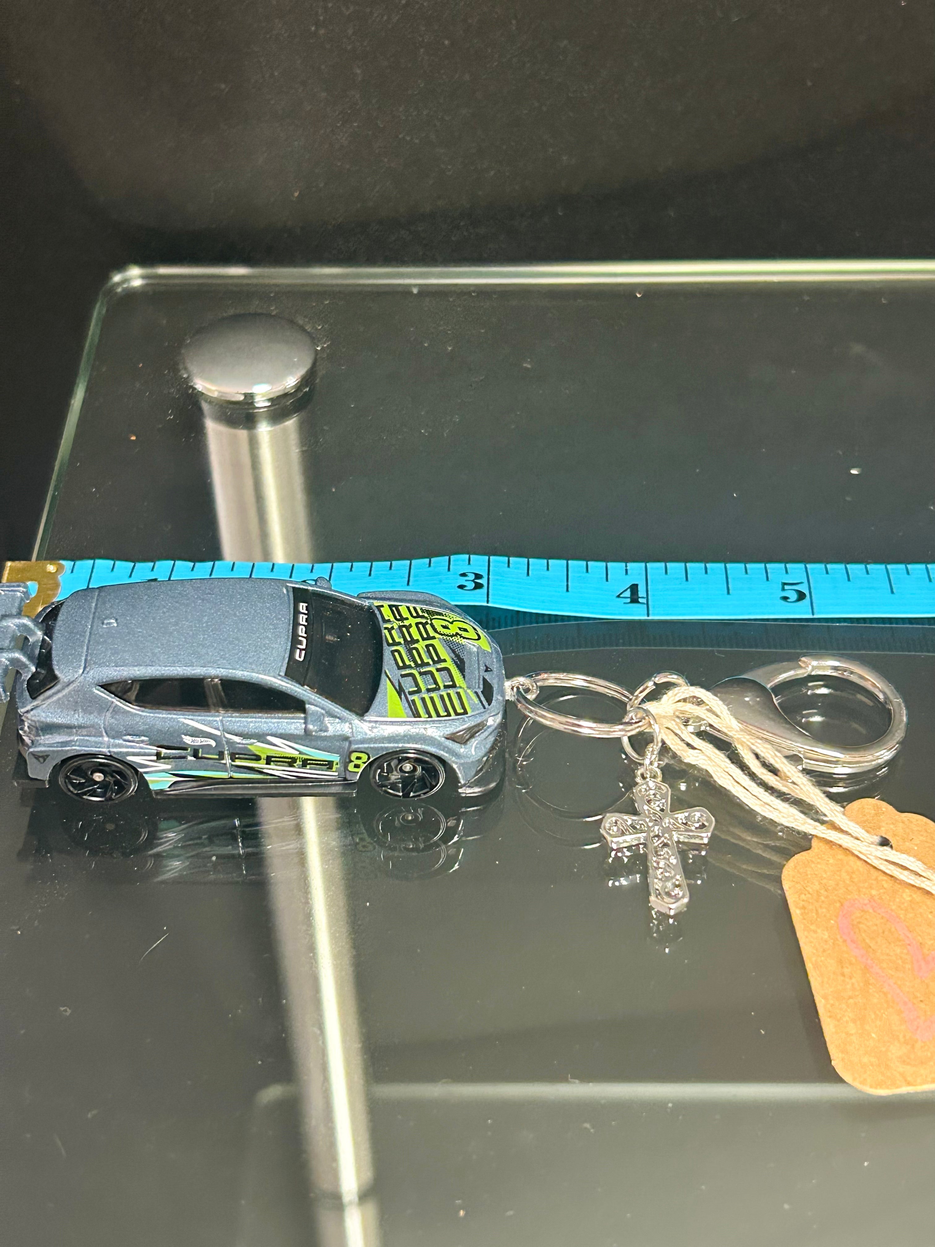 Silver Race Car Keychain with Cross Charm