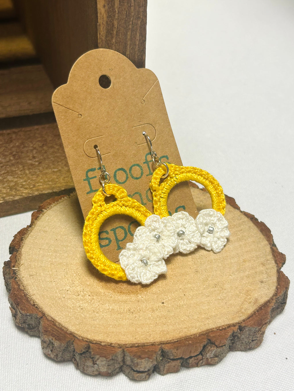 Handmade Crochet Daisy Hoop Earrings Yellow & White Floral Dangle Earrings