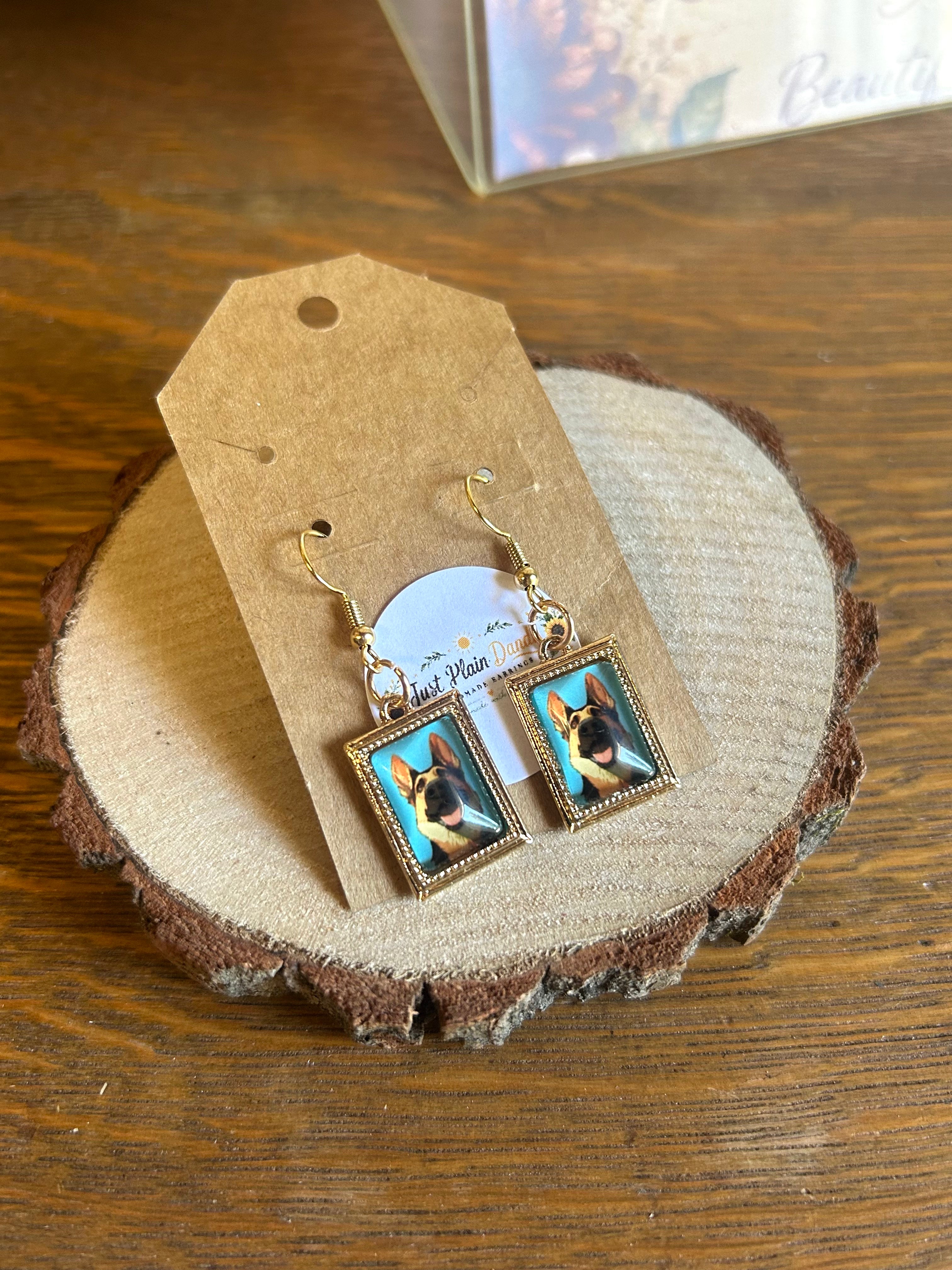 German Shepherd Portrait Dangle Earrings Gold Tone Dog Lover Jewelry