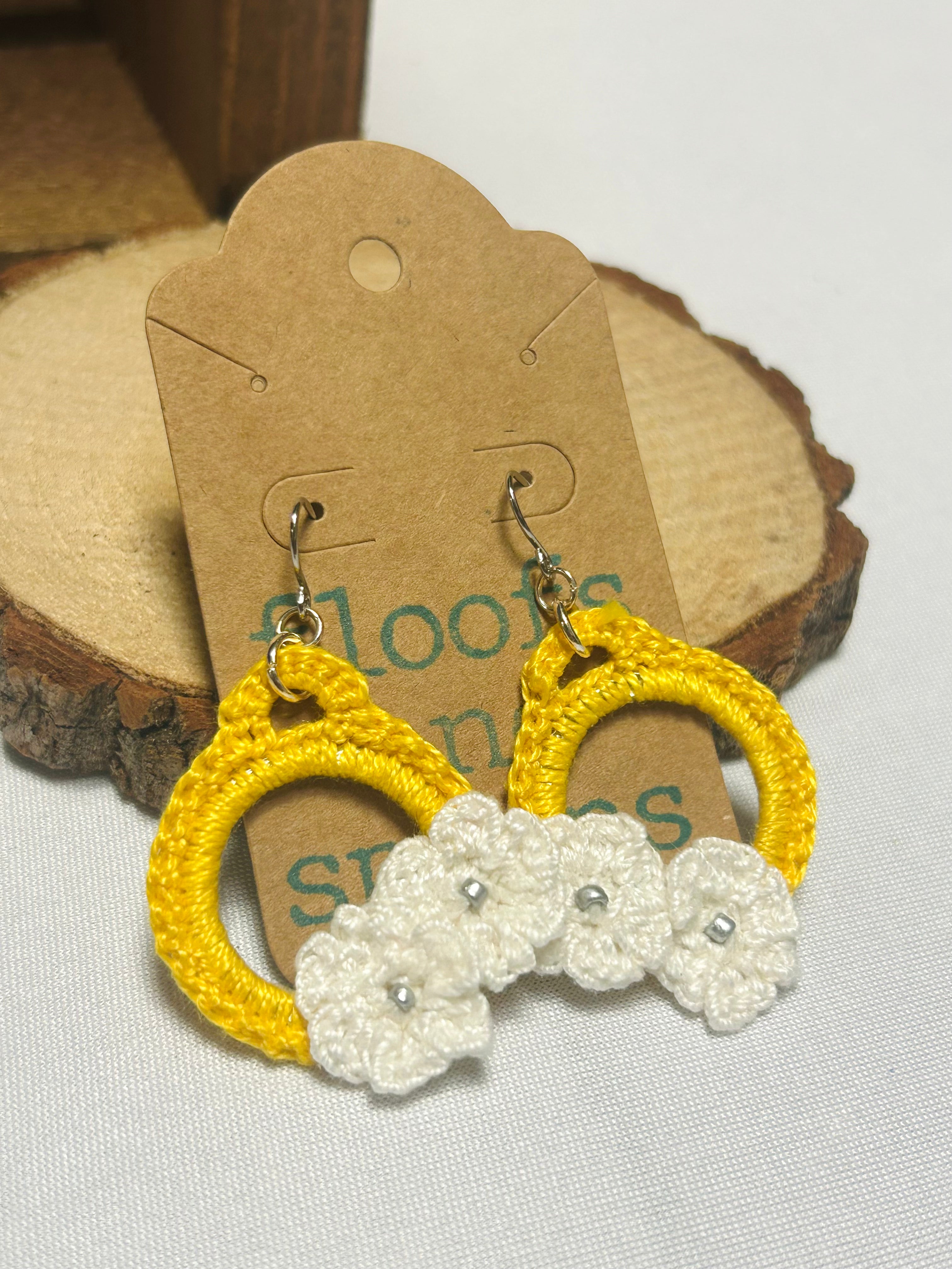 Handmade Crochet Daisy Hoop Earrings Yellow & White Floral Dangle Earrings