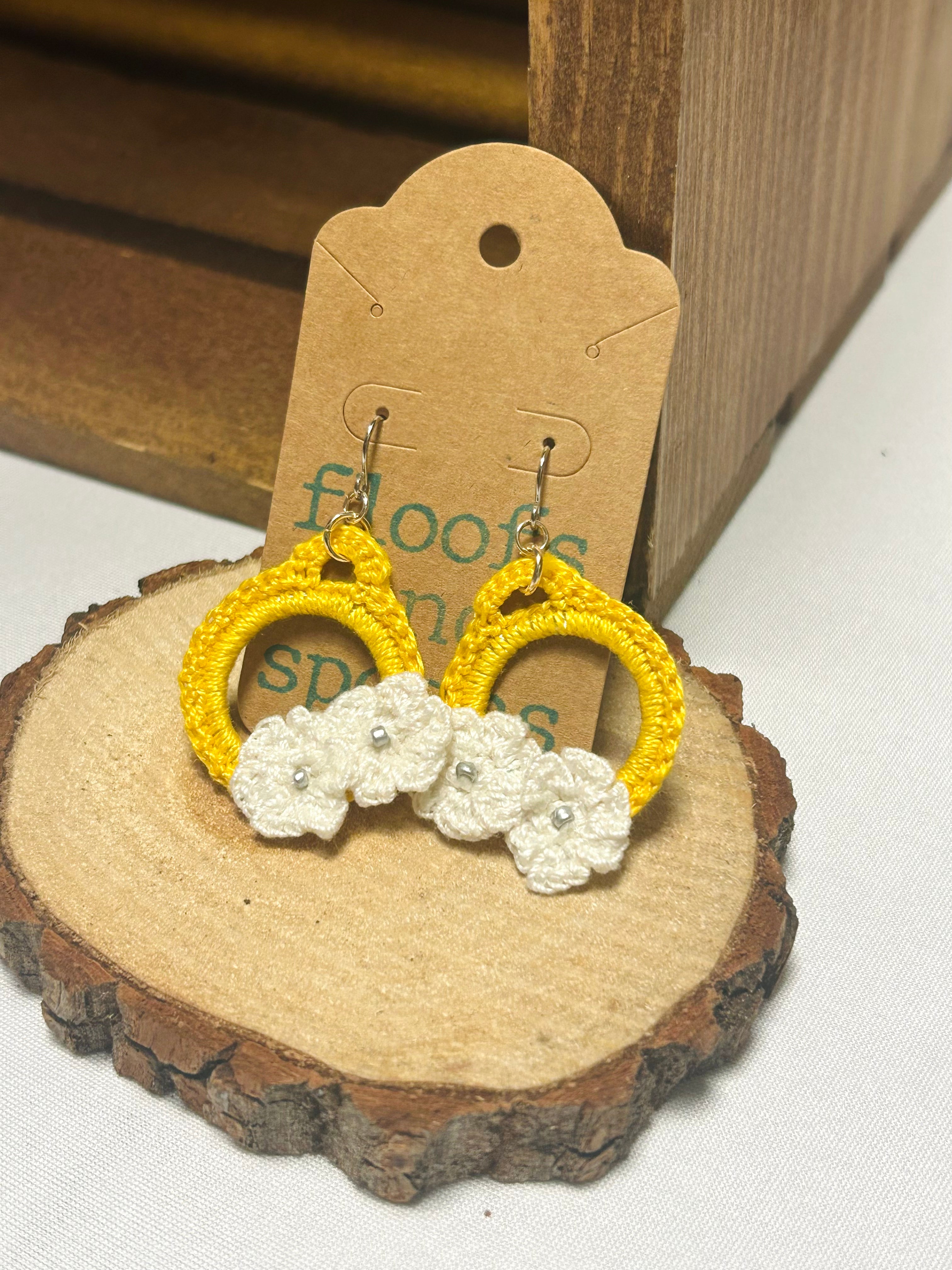 Handmade Crochet Daisy Hoop Earrings Yellow & White Floral Dangle Earrings