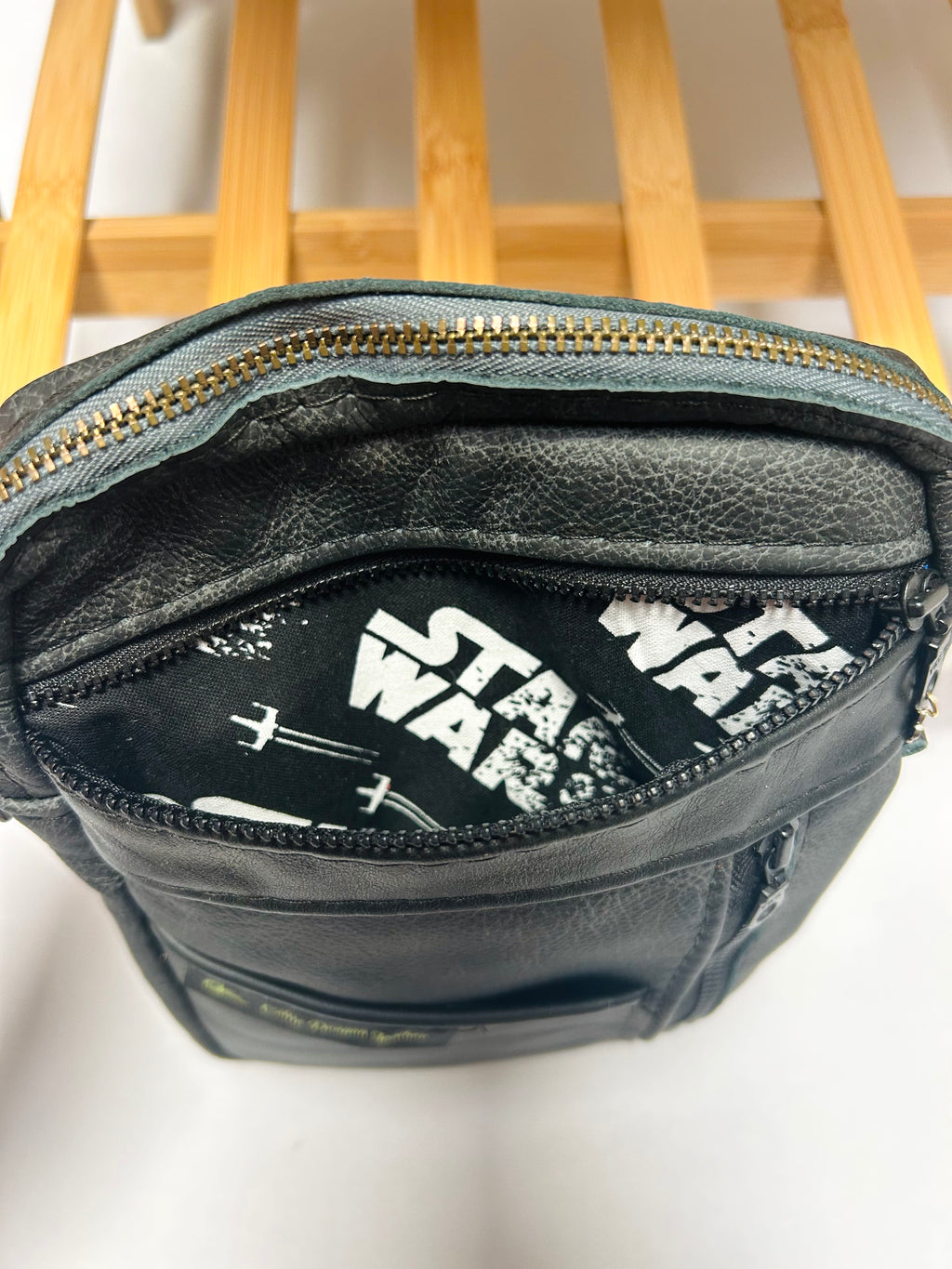 Handcrafted Black Leather Crossbody Bag Star Wars Lining Artisan Purse