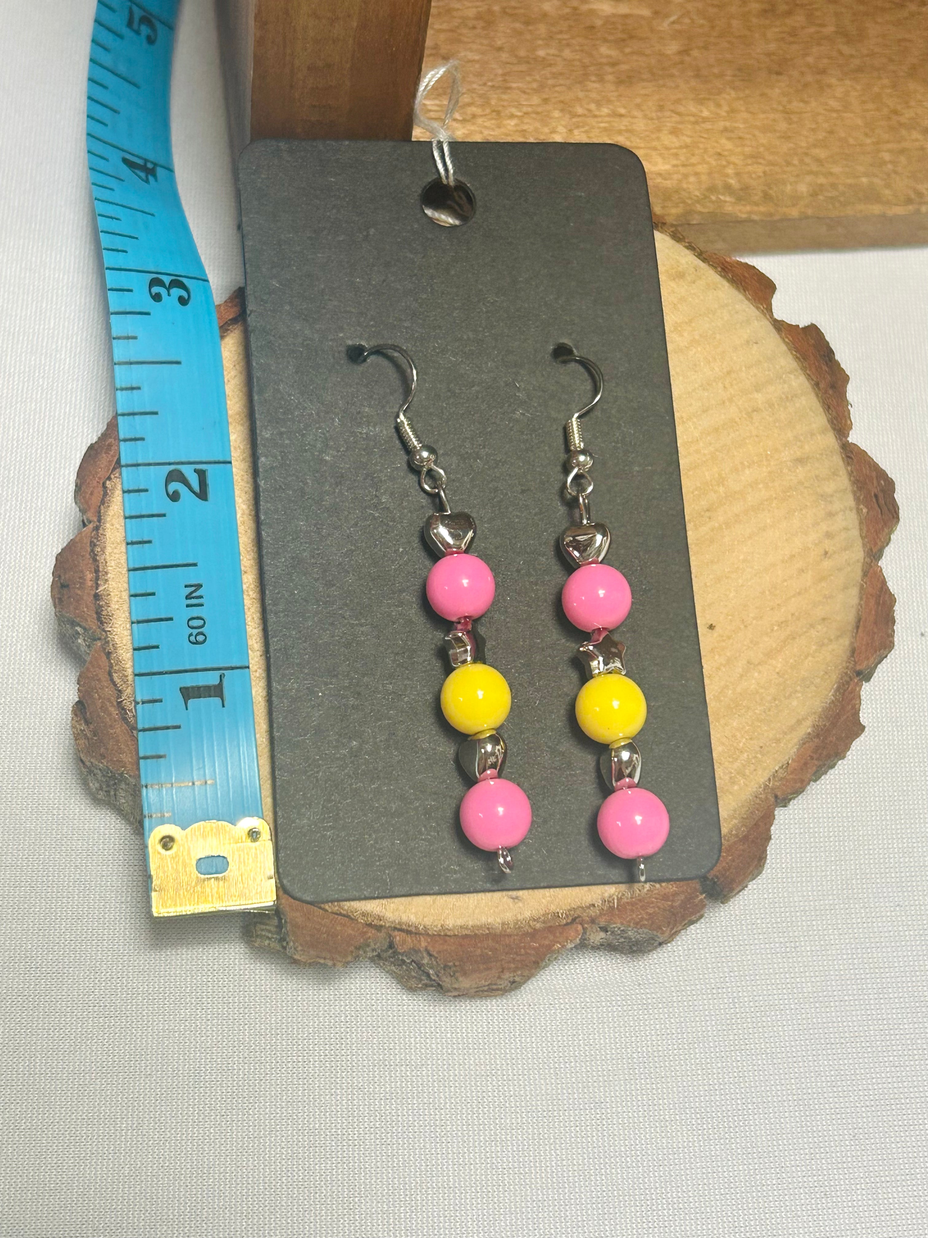Pink & Yellow Beaded Dangle Earrings