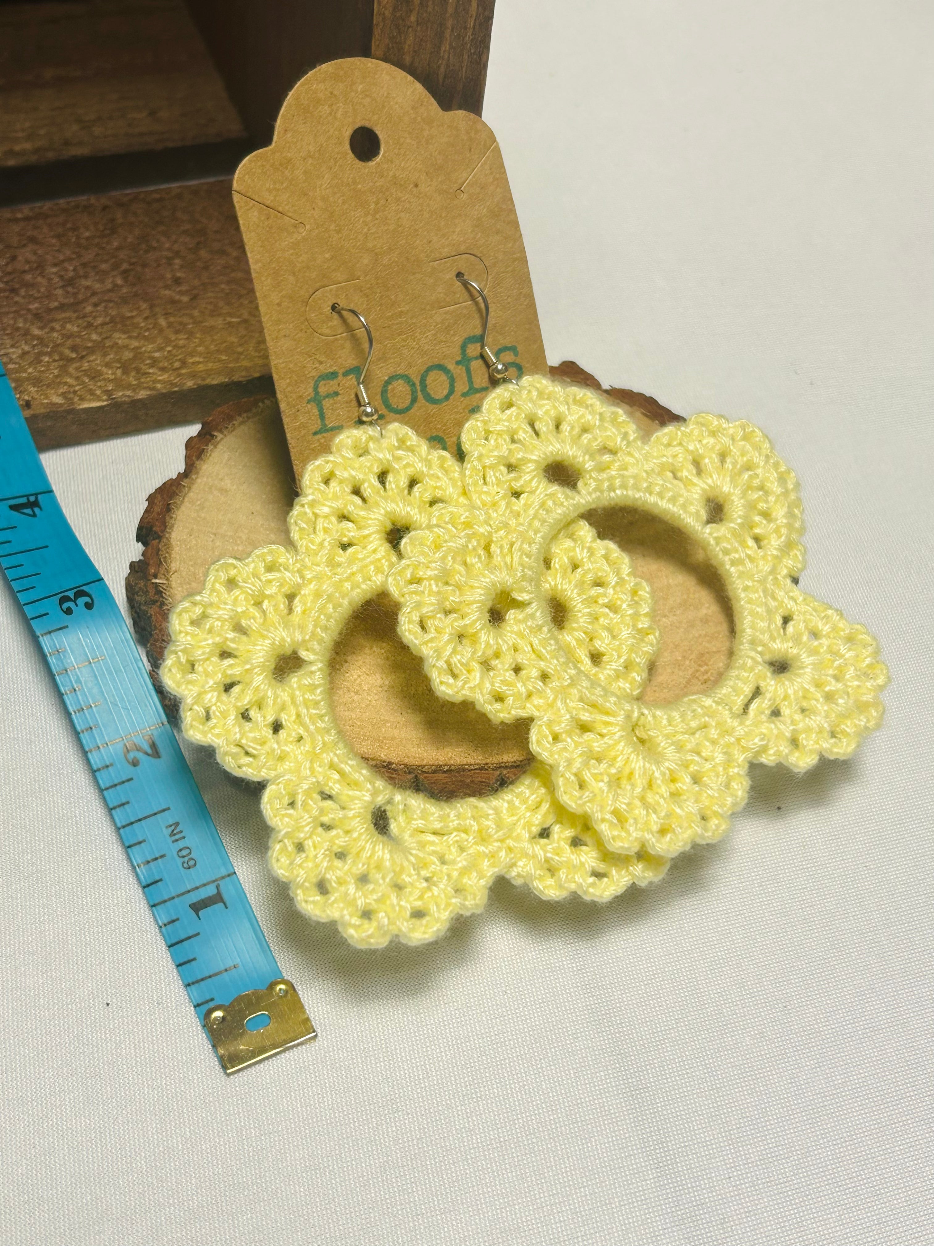 Handmade Crochet Flower Hoop Earrings Yellow Floral Dangle Earrings