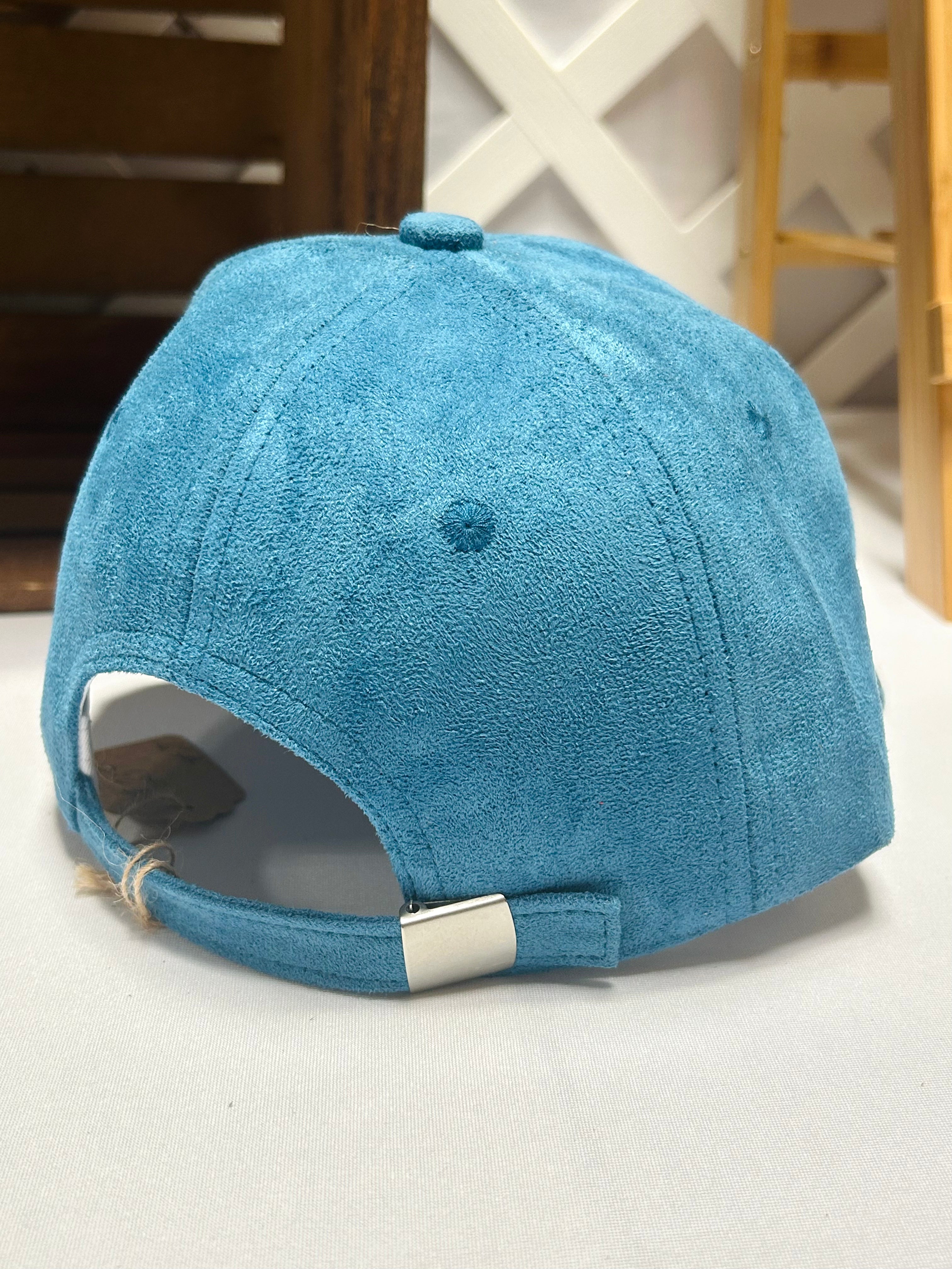 Hand-Burned Floral Blue Faux Suede Hat with Lace Brim