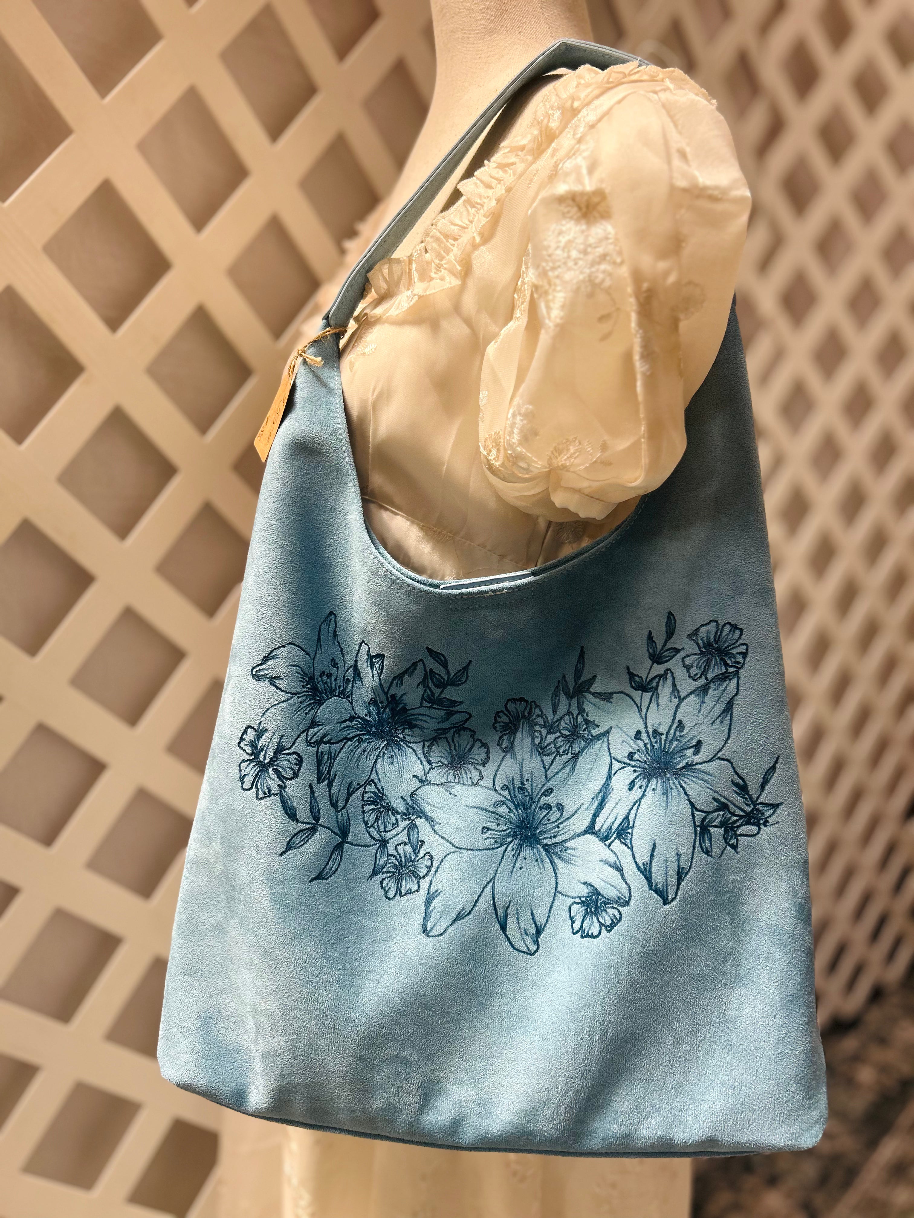 Hand-Burned Daylily Faux Suede Shoulder Bag with Matching Zipper Clutch