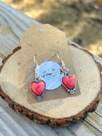 Coral Red Heart Western Dangle Earrings with Silver Floral Detail