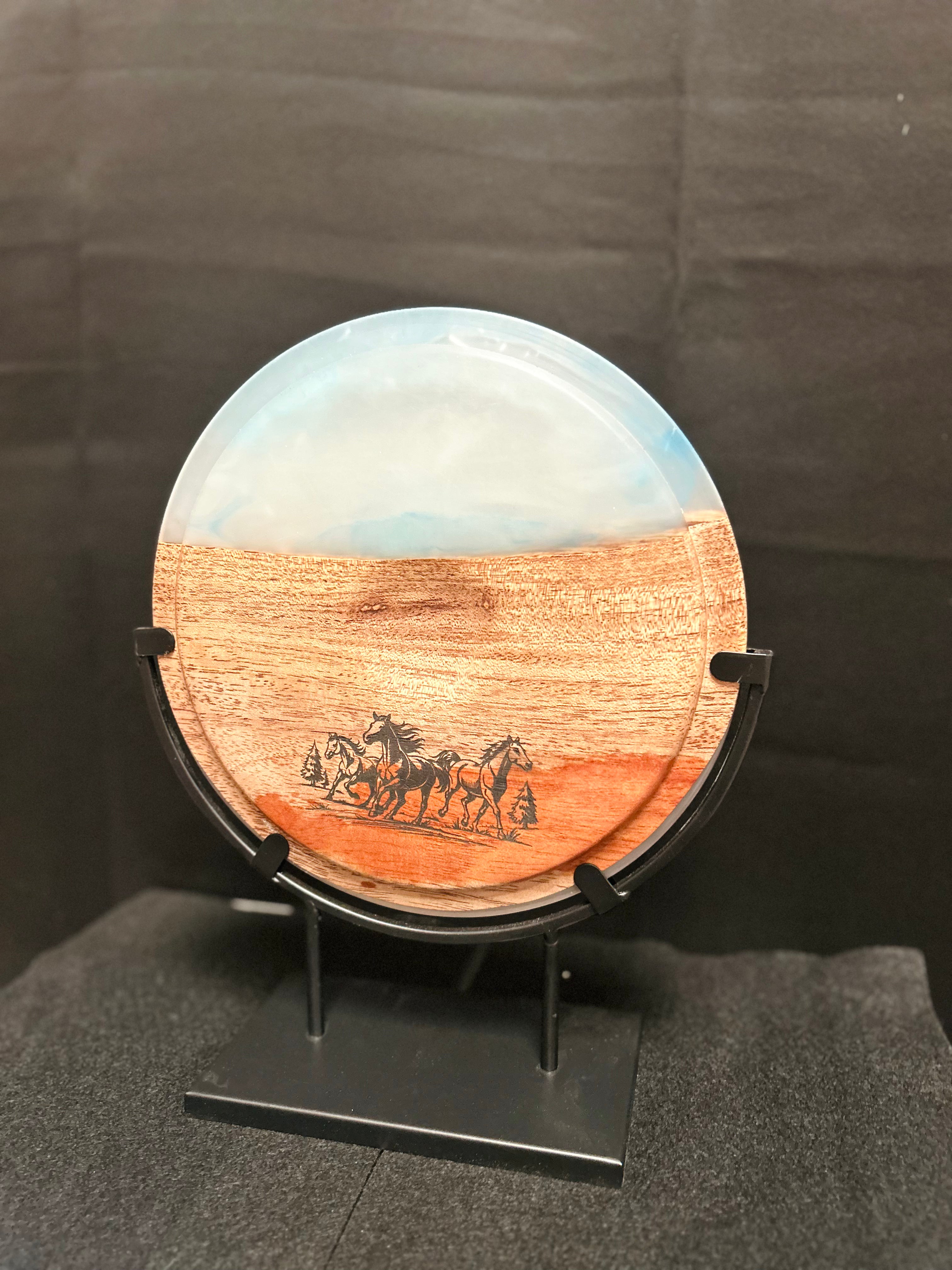 Western Horse Resin & Wood Decorative Mantel Display with Stand