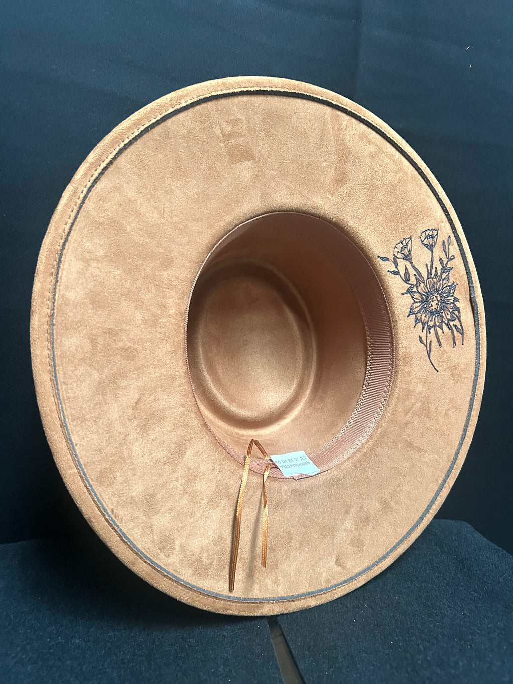 Camel Brown Wide Brim Floral Pyrography Hat with Turquoise Accents