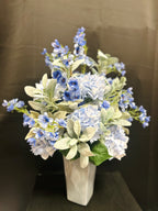 Blue Hydrangea Floral Arrangement in Marble-Look Vase