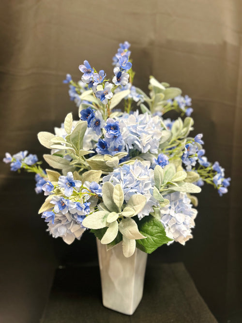 Blue Hydrangea Floral Arrangement in Marble-Look Vase