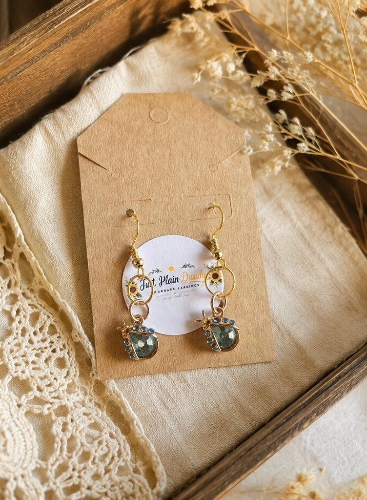 Blue Rhinestone Ladybug Gold Dangle Earrings