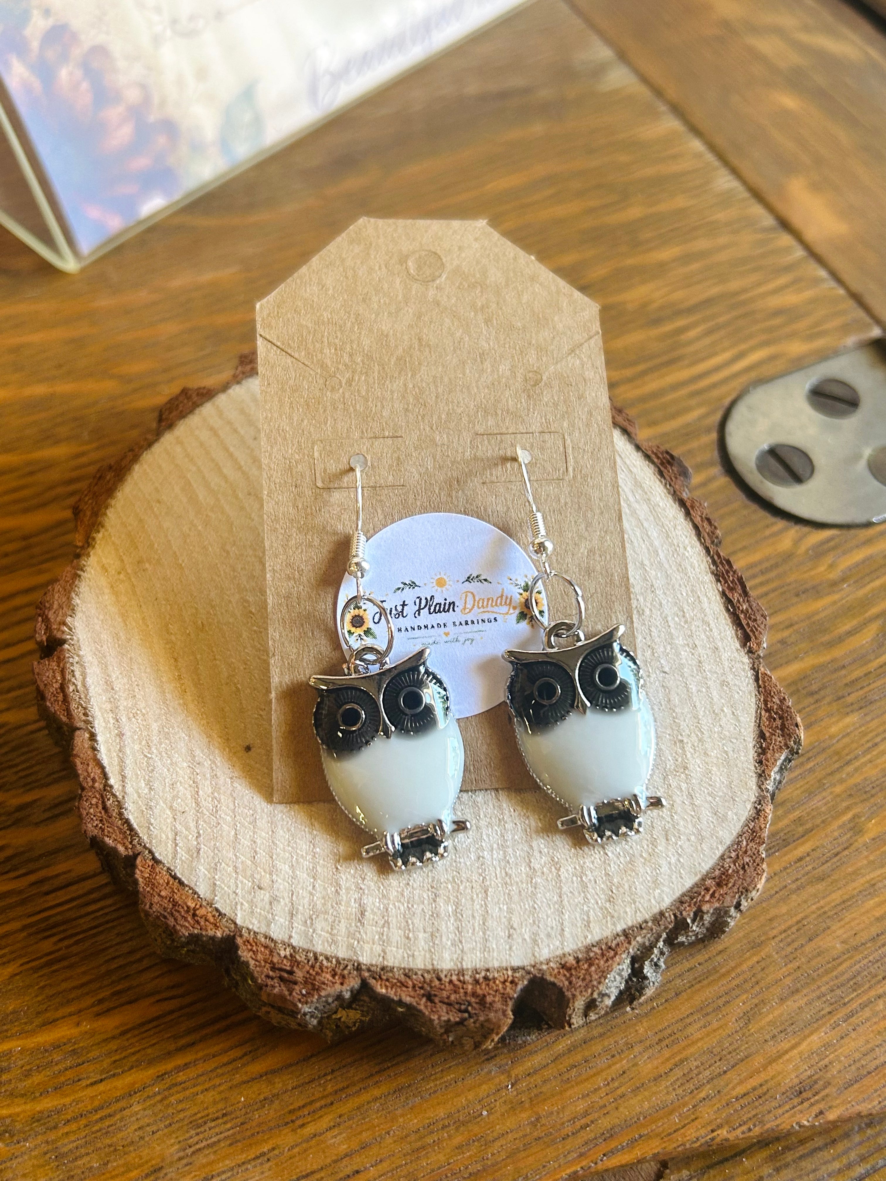 Black & White Owl Dangle Earrings – Silver Tone Woodland Jewelry