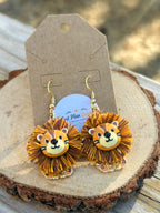 Lion Pom-Pom Dangle Earrings Brown & Golden Yellow