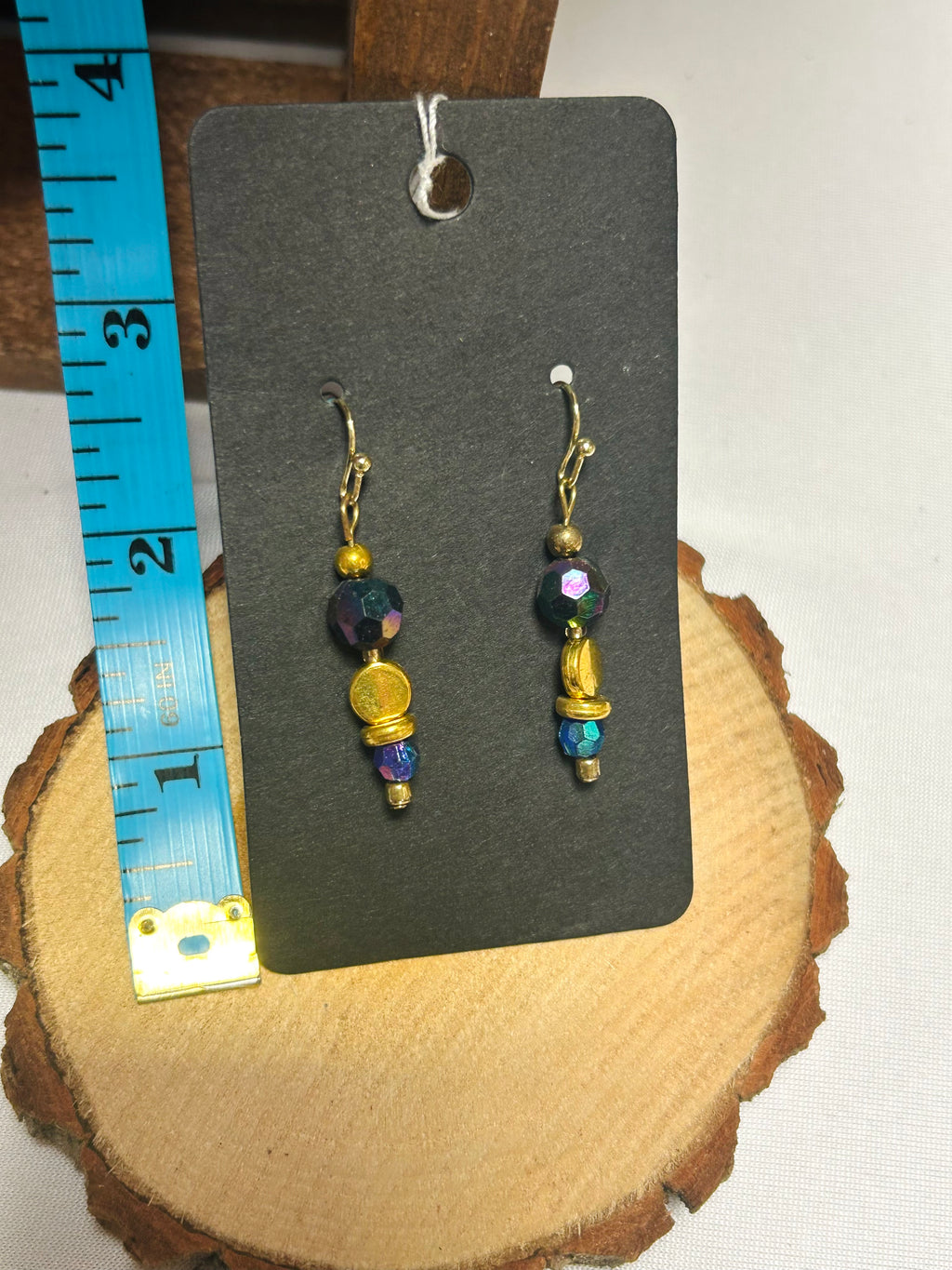 Blue & Gold Beaded Dangle Earrings with Iridescent Crystal Accents