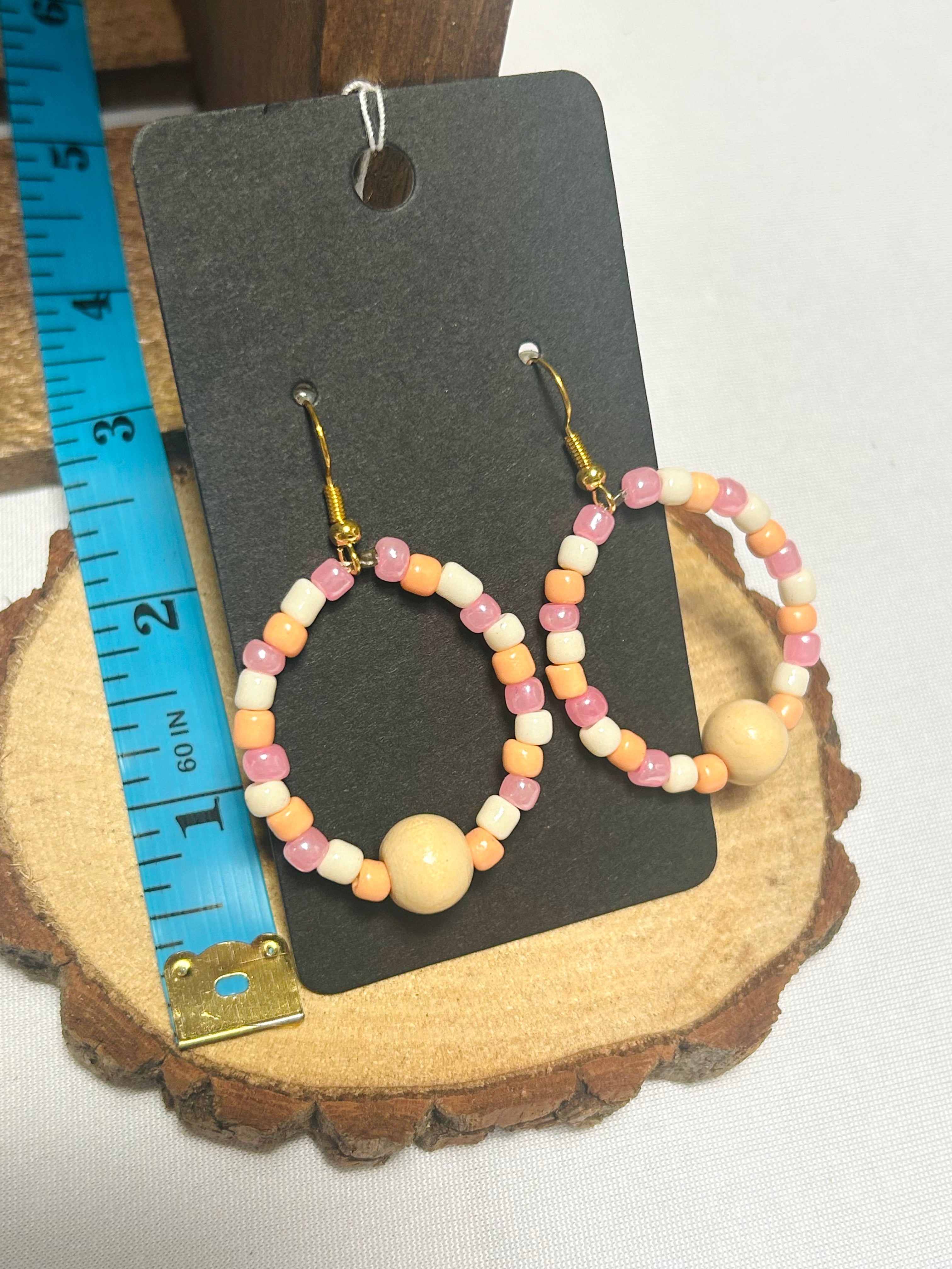 Handmade Beaded Hoop Earrings – Pink, Peach and Cream