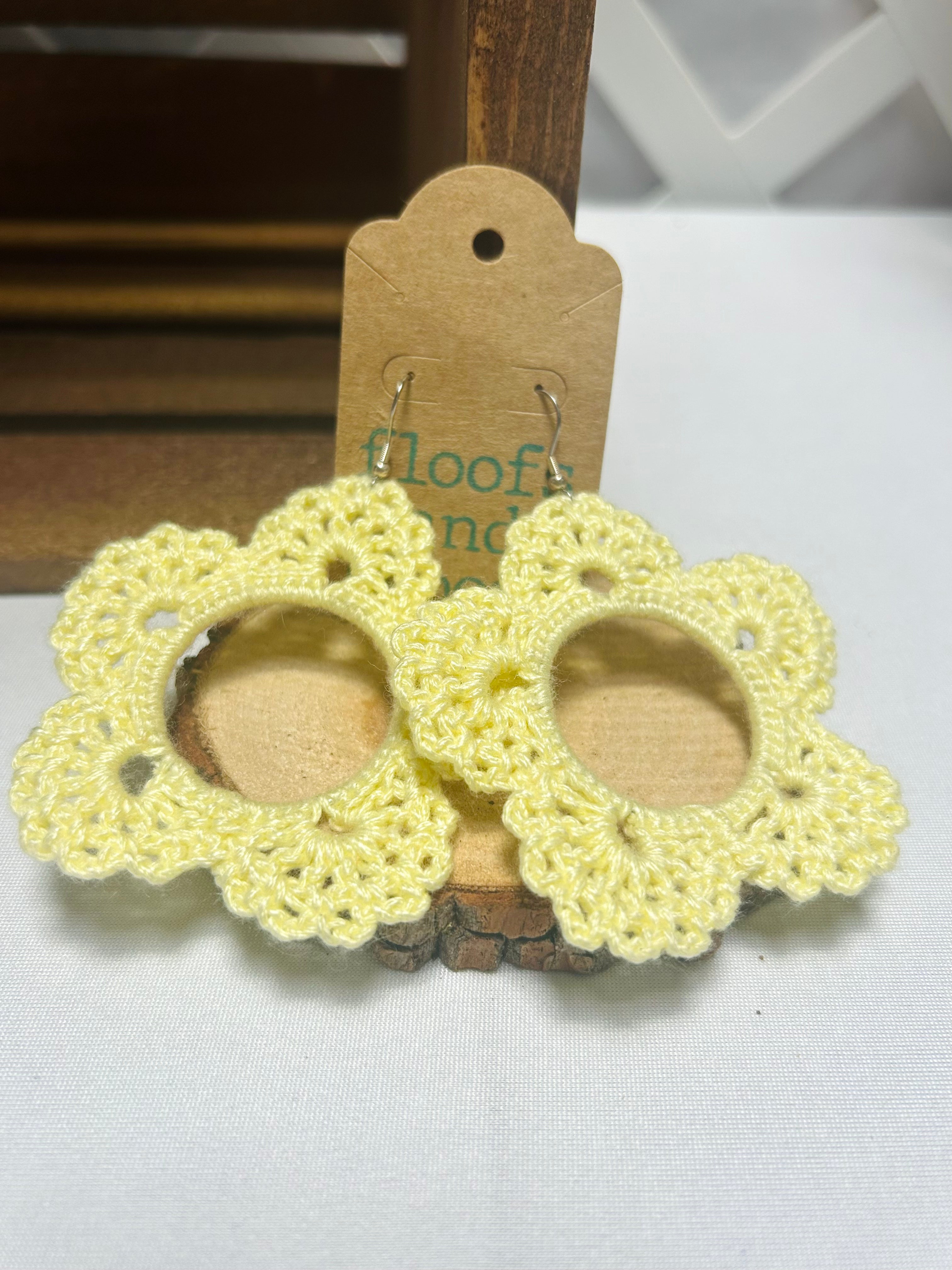 Handmade Crochet Flower Hoop Earrings Yellow Floral Dangle Earrings