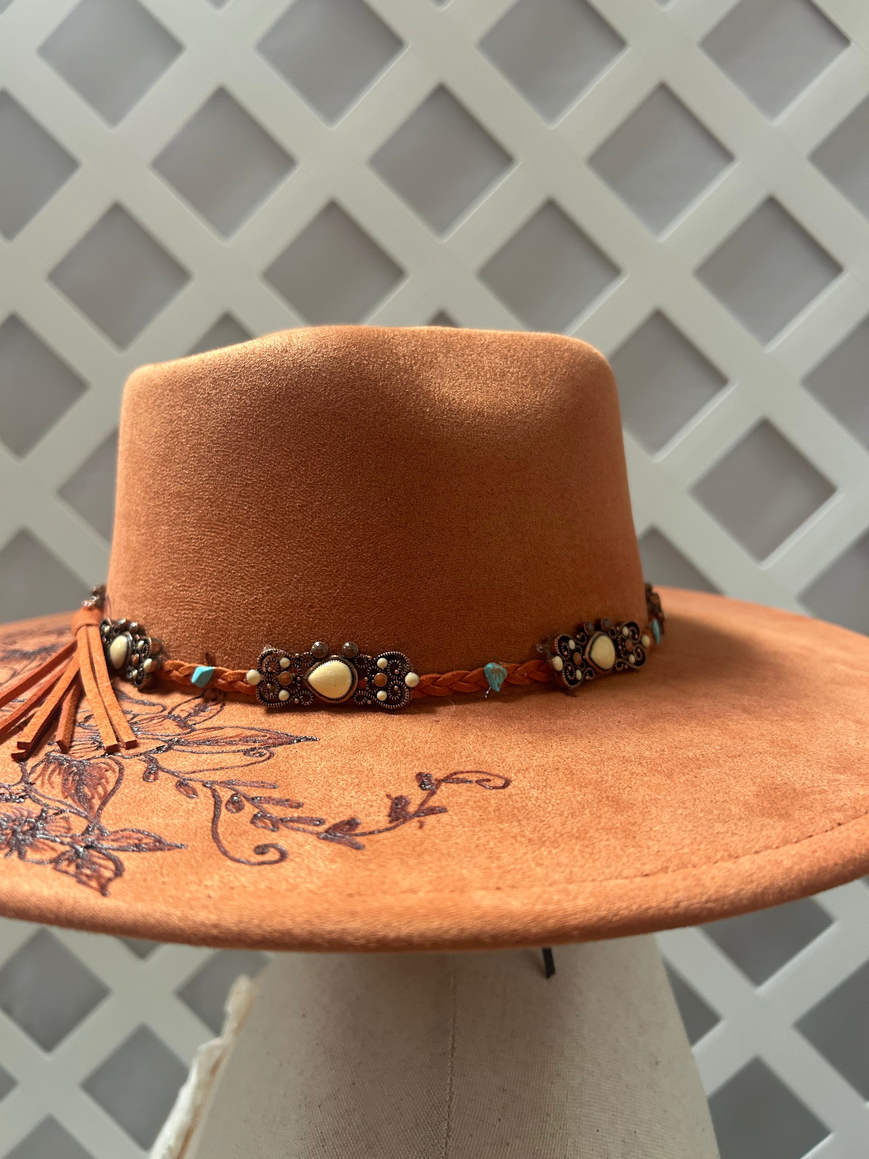 Hand-Burned Floral Western Hat with Turquoise Accent Band