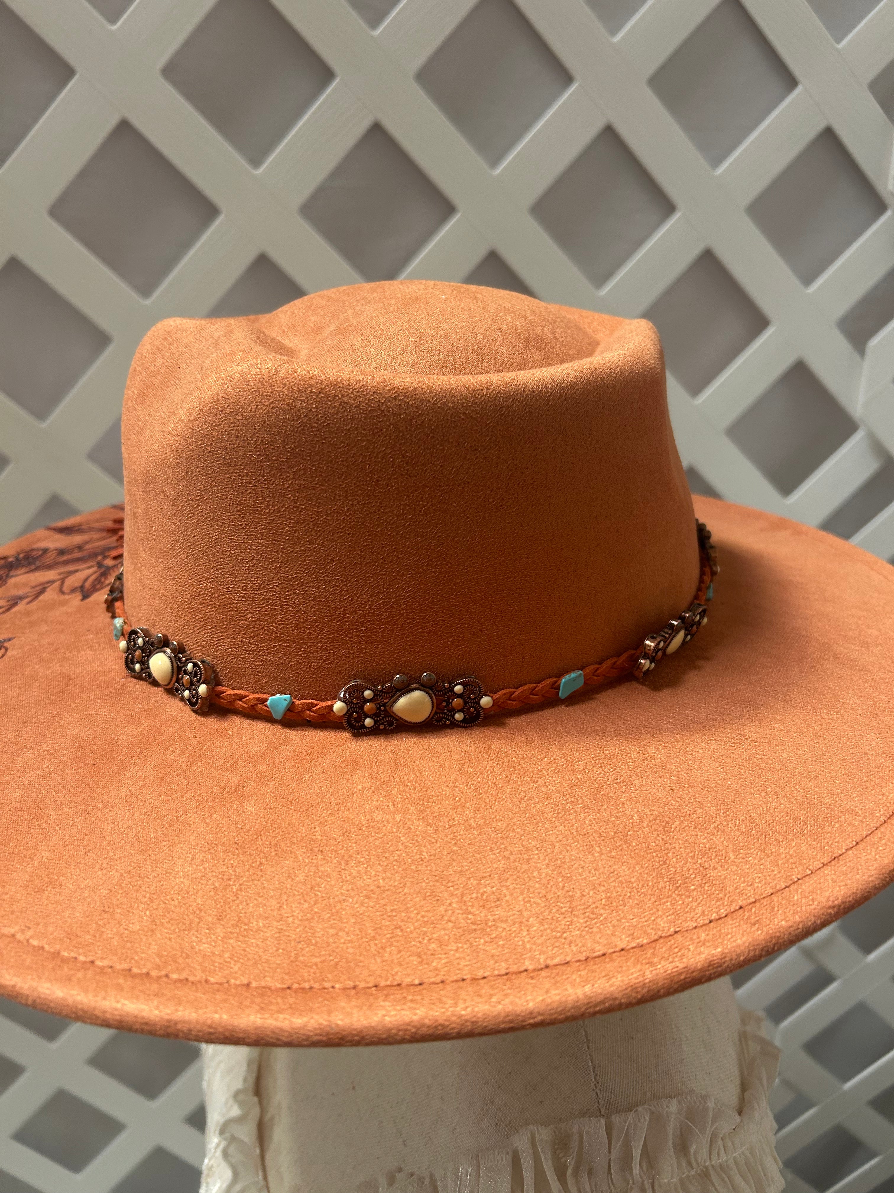 Hand-Burned Floral Western Hat with Turquoise Accent Band