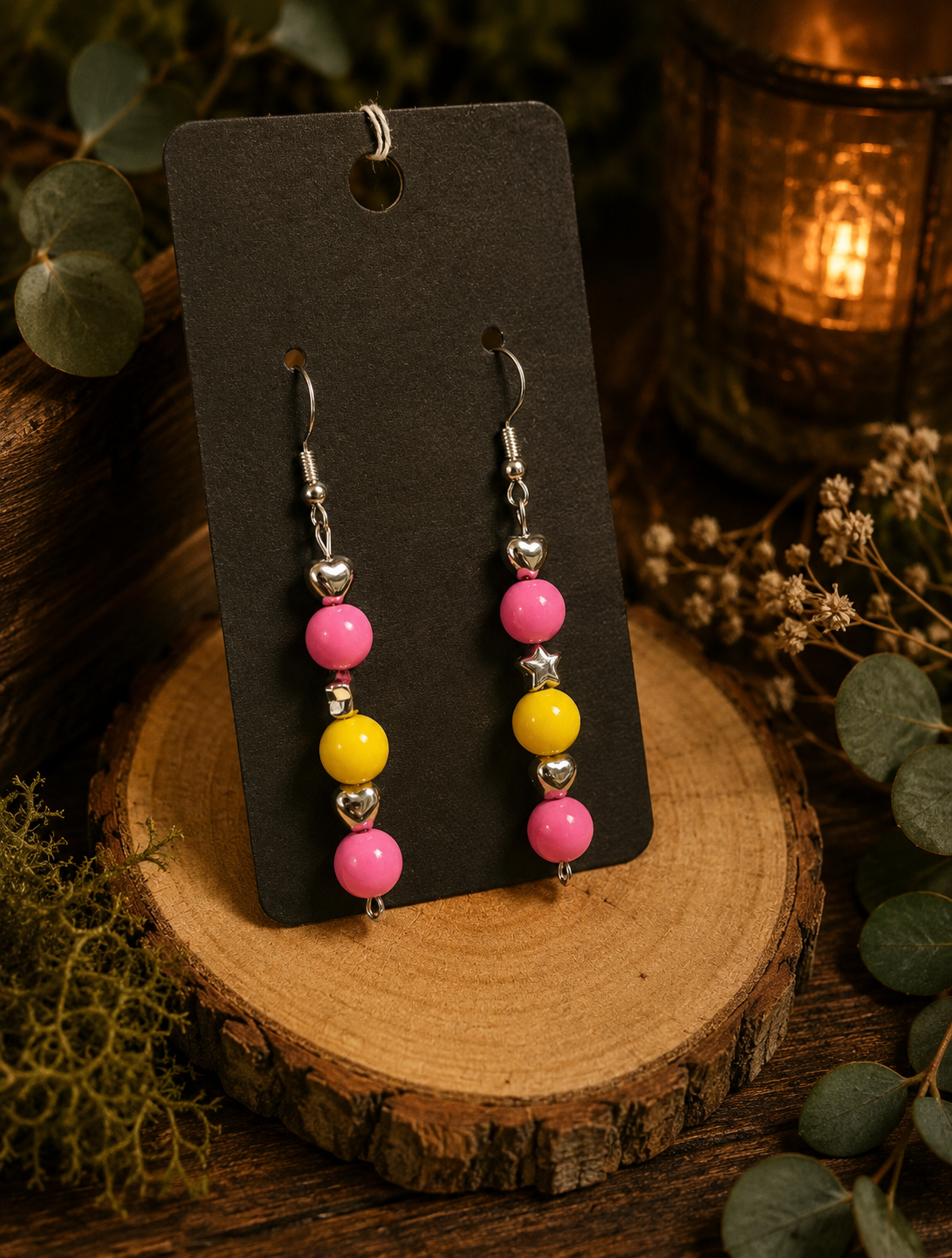 Pink & Yellow Beaded Dangle Earrings