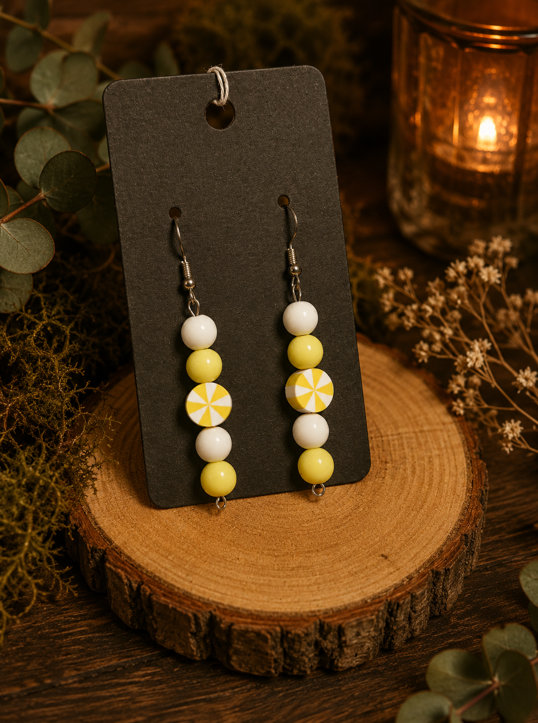 White & Yellow Beaded Dangle Earrings