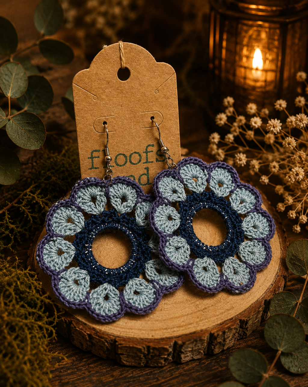 Blue & Lavender Crochet Flower Dangle Earrings
