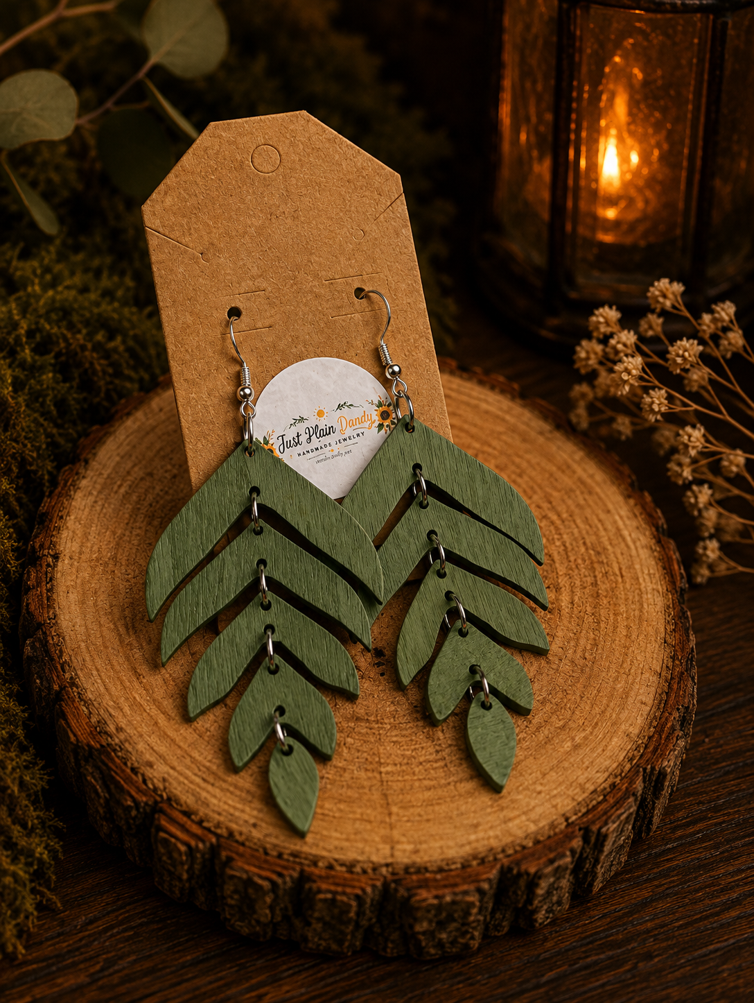 Sage Green Layered Wooden Leaf Dangle Earrings