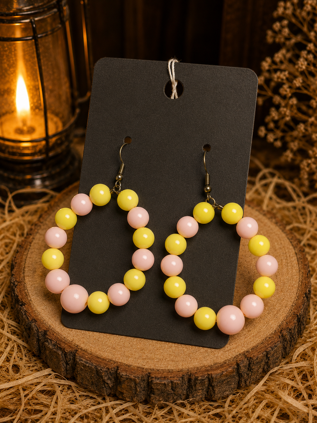 Handmade Beaded Hoop Earrings Pink and Yellow