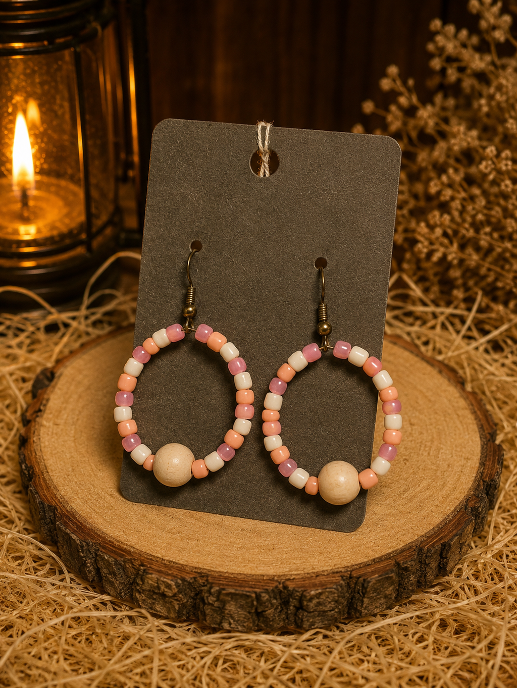 Handmade Beaded Hoop Earrings – Pink, Peach and Cream