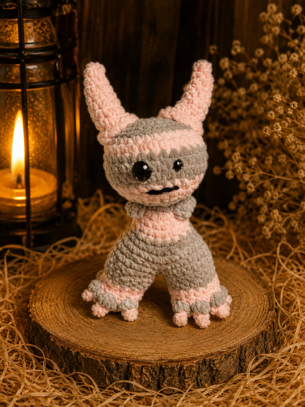 Handmade Crochet Mini Monster Plush Pink and Gray Stuffed Plush Toy