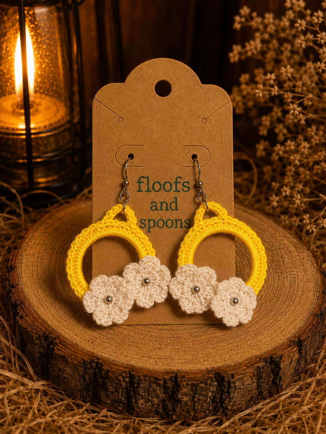 Handmade Crochet Daisy Hoop Earrings Yellow & White Floral Dangle Earrings