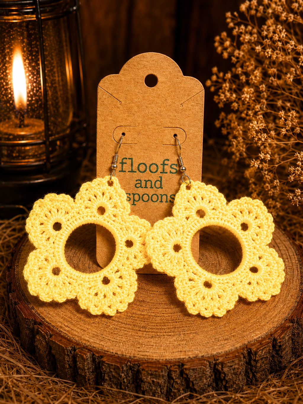 Handmade Crochet Flower Hoop Earrings Yellow Floral Dangle Earrings