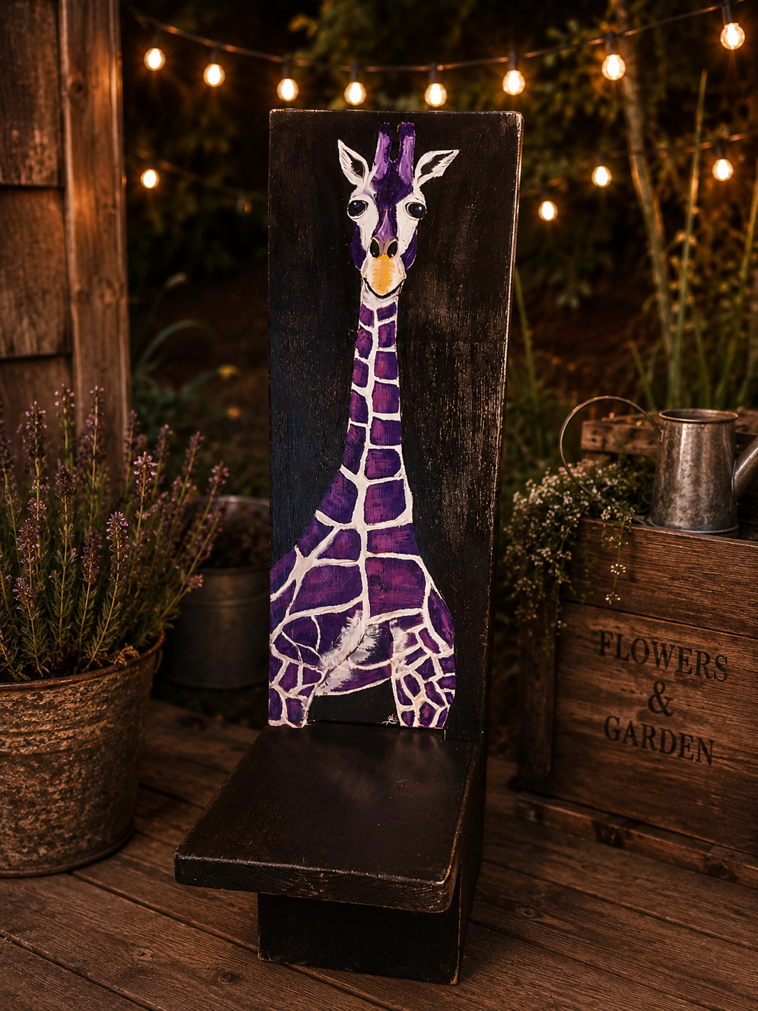 Hand-Painted Purple Giraffe Viking Chair Handcrafted Wooden Accent Chair