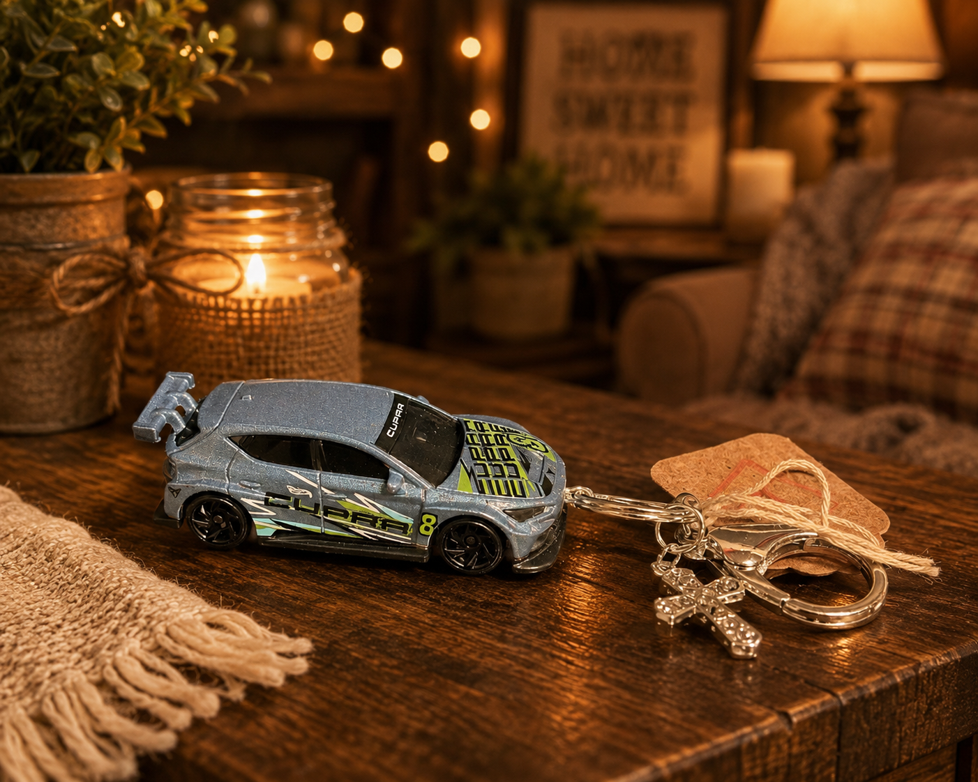 Silver Race Car Keychain with Cross Charm
