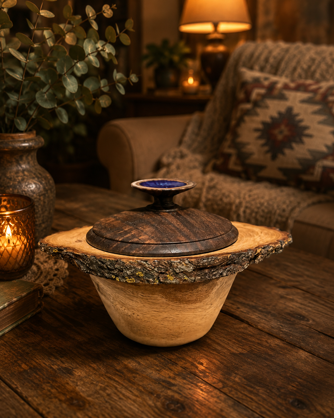Live Edge Oak Burl Bowl with Walnut Lid